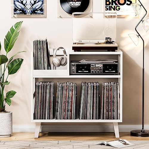 Miniatura 6 de Soporte para tocadiscos con almacenamiento de vinilo, soporte para tocadiscos moderno Mid-Century con capacidad para más de 150 álbumes, mesa de