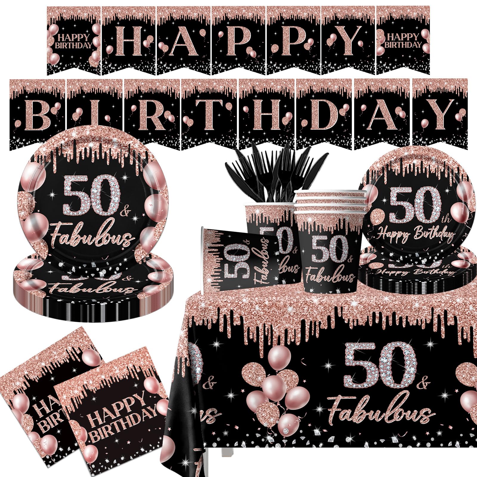 HAKOTI 142Pcs 50th B'day Tableware Decor,Black Rose Gold Tableware Set 50th B'day Plates and Napkins Cup Rose Gold Tablecloth Happy B'day Banner Women