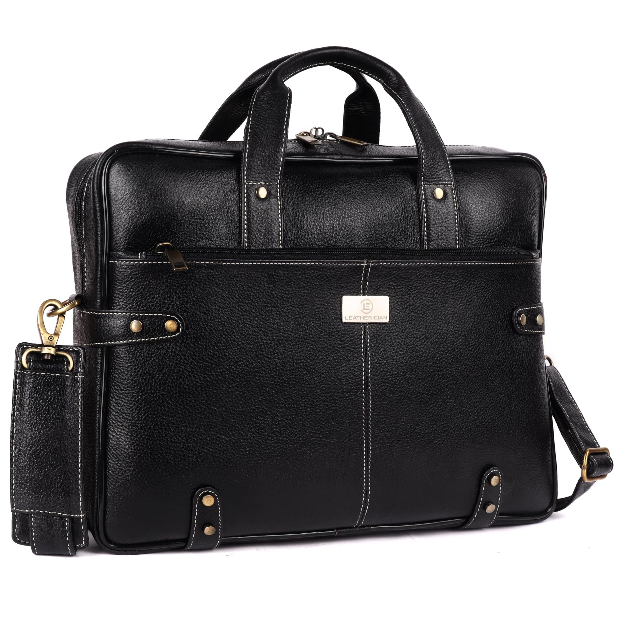 LEATHERICIAN Genuine Leather Office Shoulder Bag | 16 Inch Laptop Messenger Briefcase with Adjustable Strap | Business Travel Utility Bag for Office Work Compatible with MacBook Dell Lenovo (Black1)