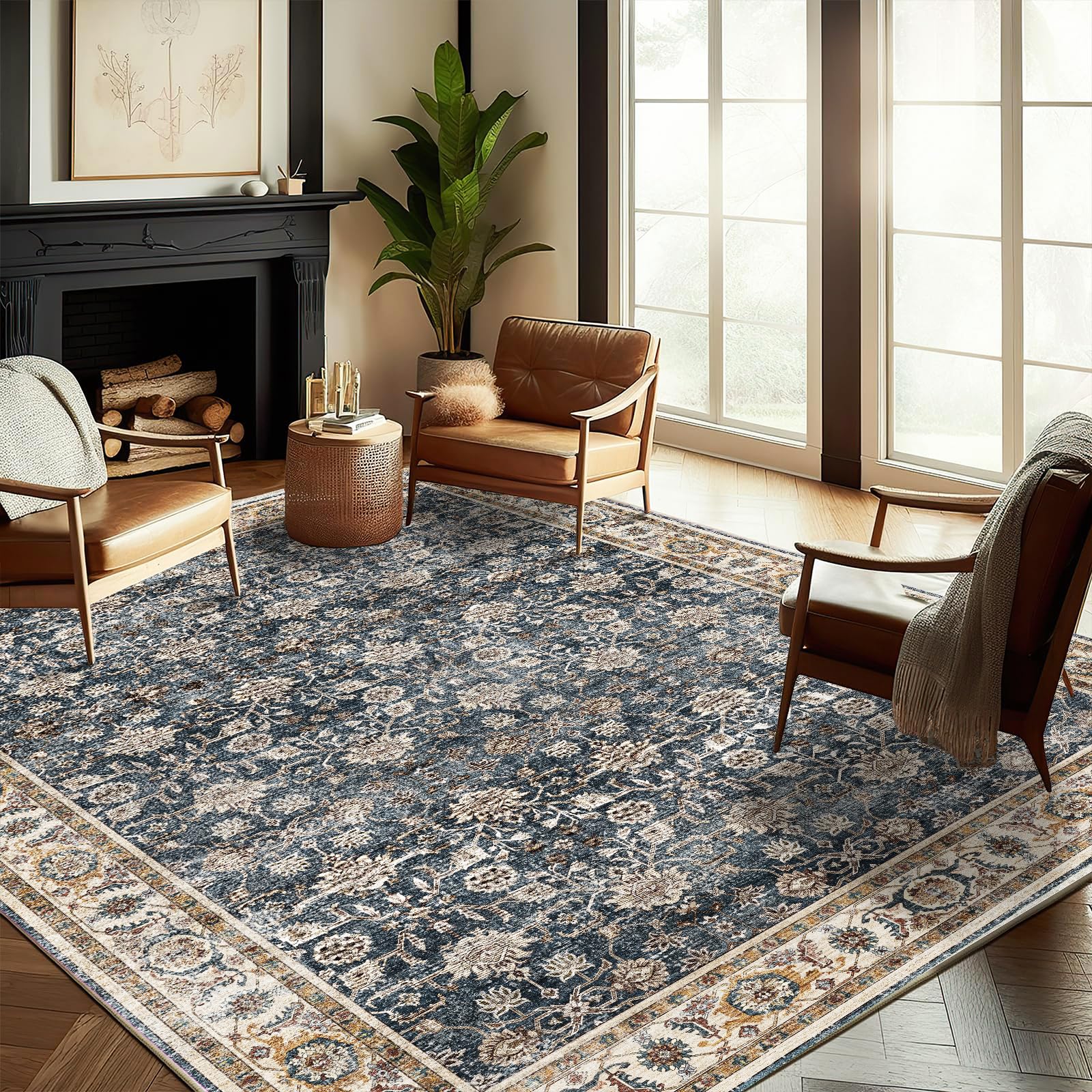 Washable Area Rug 9'x12' Retro Boho Design Non-Shedding Easy Care Ideal for High Traffic Areas in Living Room Bedroom Office Coffee Table Kitchen Large Carpet