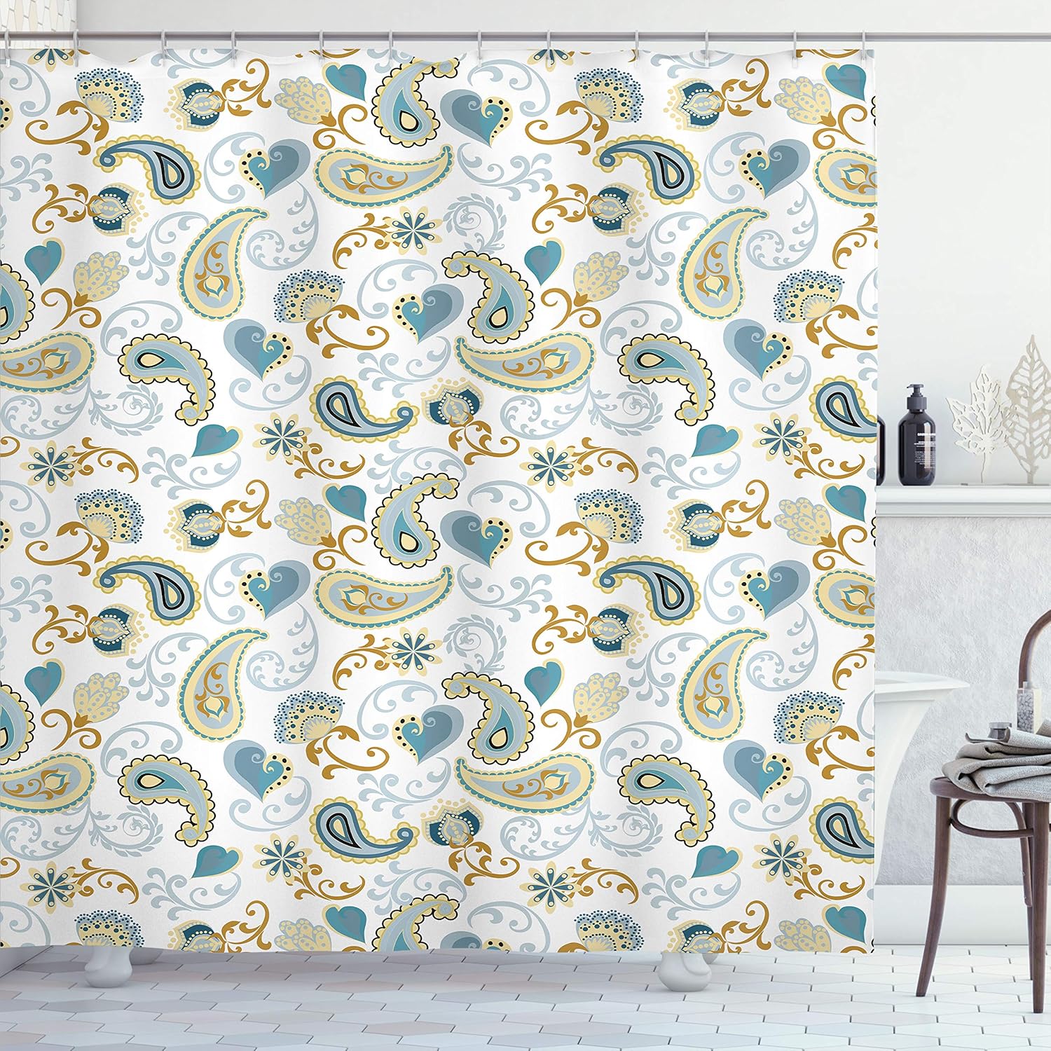 Ambesonne Paisley Shower Curtain, Style Rose and Swirled Floret Buds Bohemian Lady Feminine Art Print, Cloth Fabric Bathroom Decor Set with Hooks, 75" Long, Pale Mauve