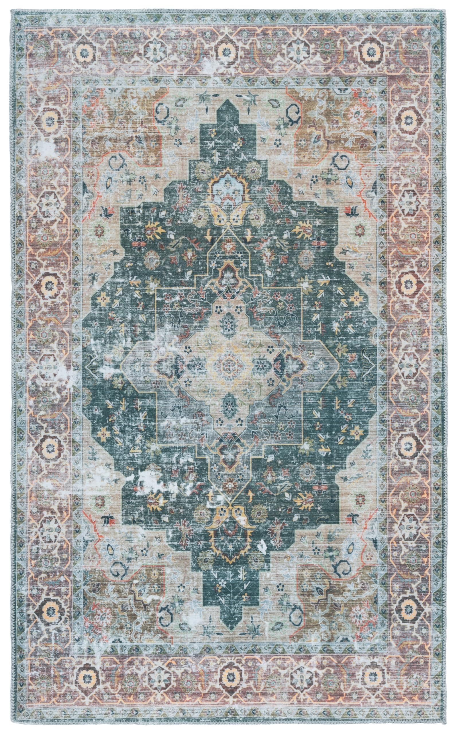 Safavieh Distressed Rug Ideal for High Traffic Areas - Machine Washable and Non Slip - Arizona Collection, Short Pile, in Green and Brown, 91 X 152 cm