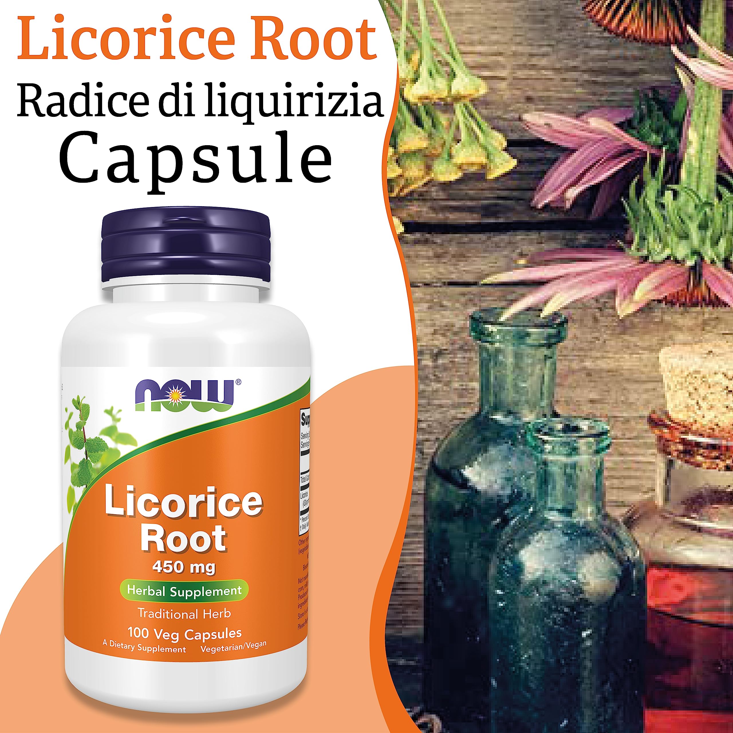 Now Foods, Licorice Root (Radice di Liquirizia), 450 mg, 100 Capsule vegane, Testato in Laboratorio, Senza Glutine, Senza Soia, Vegetariano