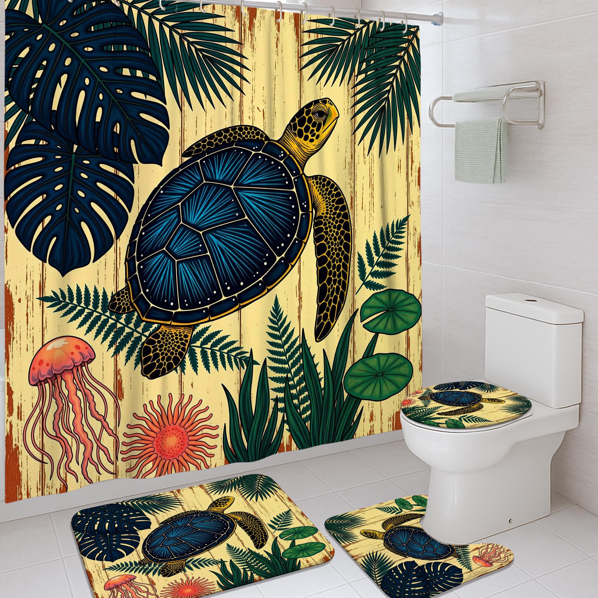 Rideau de douche tortue et méduse bleu 183x183 cm pour baignoire d'appartement