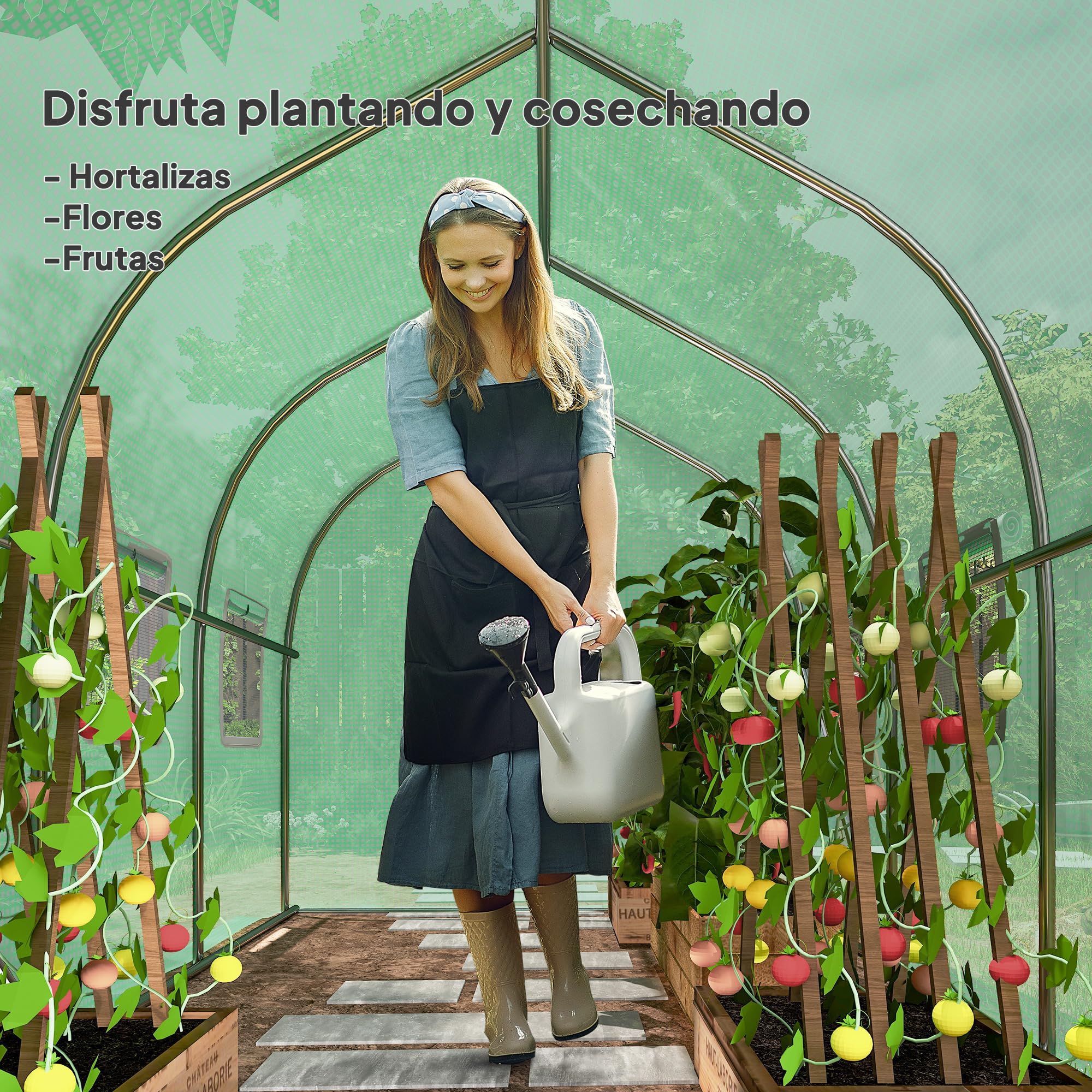 Outsunny Invernadero de Exterior 3x2x2 m Invernadero de Túnel con 6 Ventanas de Malla Puerta Enrollable Cubierta de PE 140g/㎡ Anti-UV Marco de Metal Galvanizado para Patio Jardín Verde