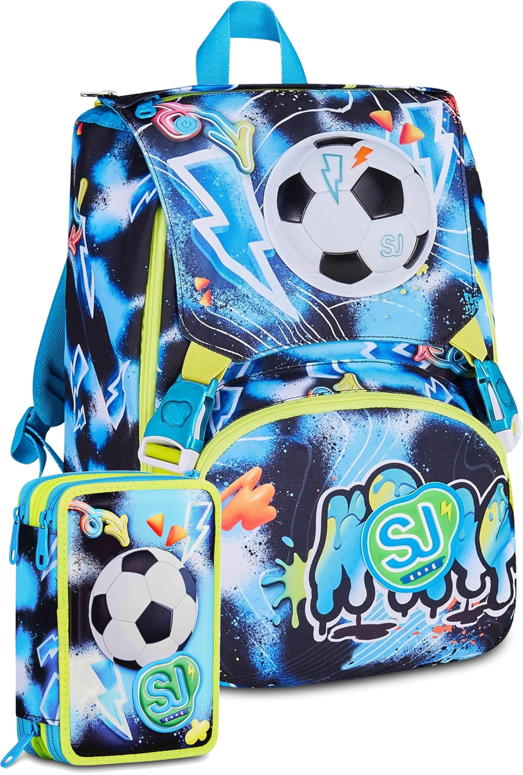 Seven. Schoolpack Zaino Scuola SJ Gang GLOWGAME Calcio Pallone Led Estensibile + Astuccio Completo 3 Zip + Portachiavi Omaggio