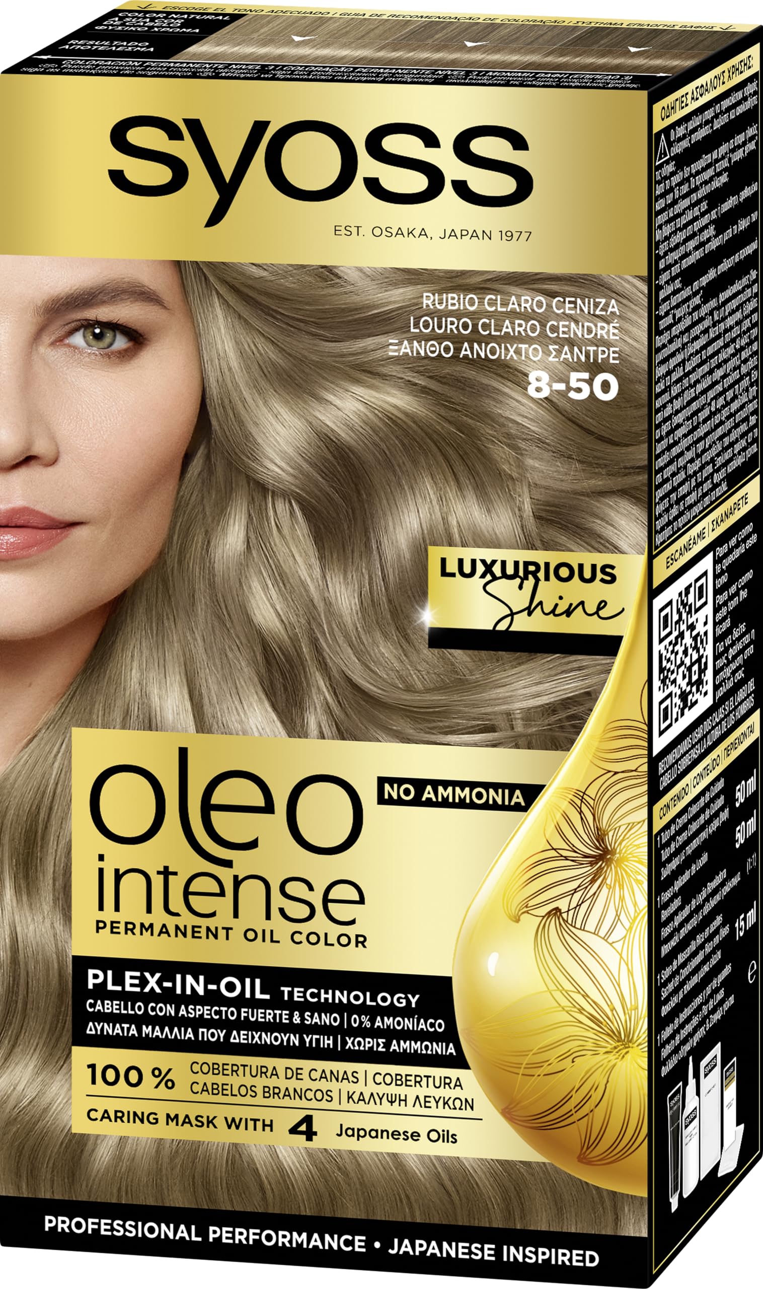 Syoss Oleo Intense - Tono 8-50 Rubio Ceniza – Coloración permanente sin amoníaco – Resultados de peluquería – Cobertura profesional de canas - 120 g