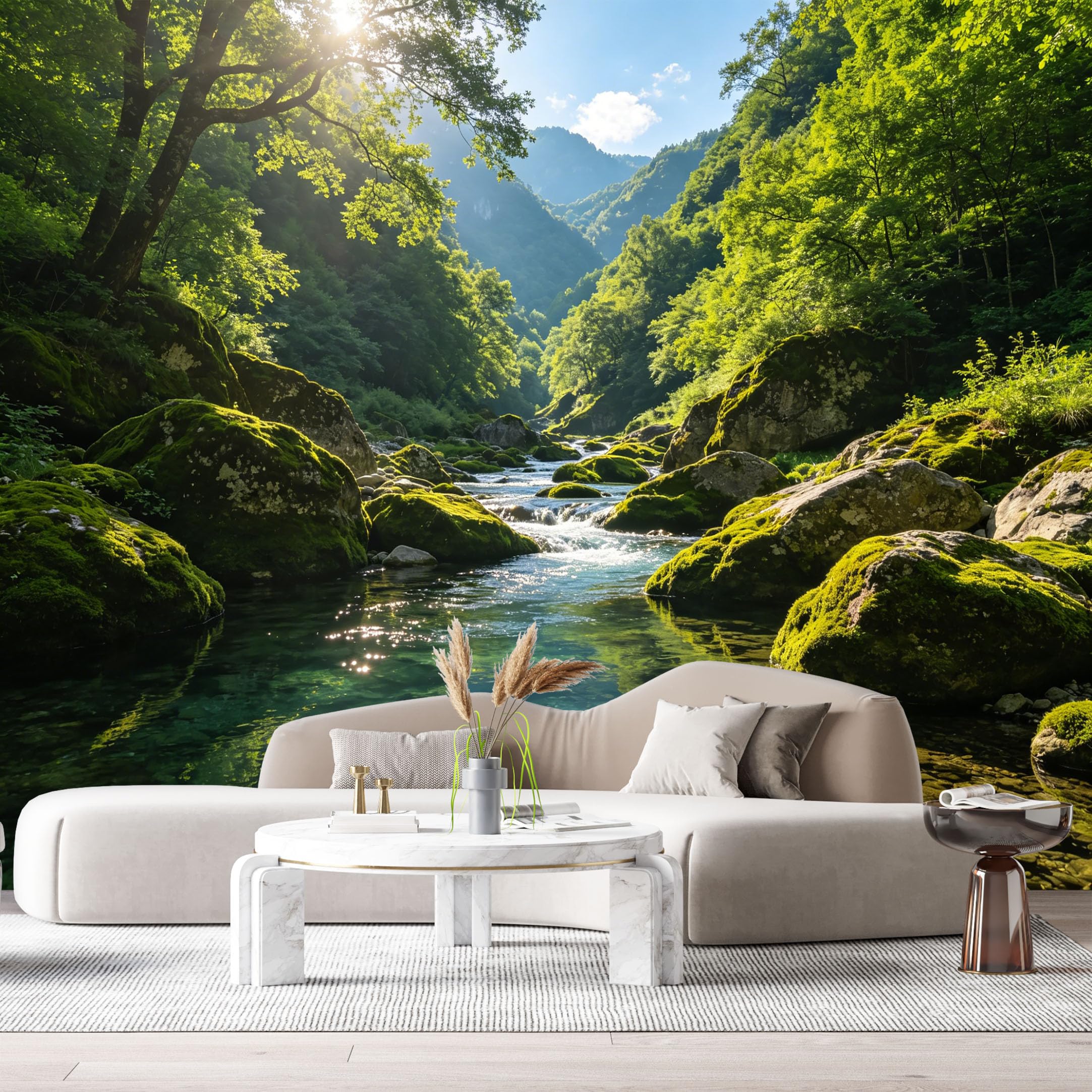 Custom Size Wall Murals Mountain Stream Landscape Forest River Valley Sunlight Water Reflection SelfAdhesive Wall Fabric Removable Large Wallpaper for Photo Living Room