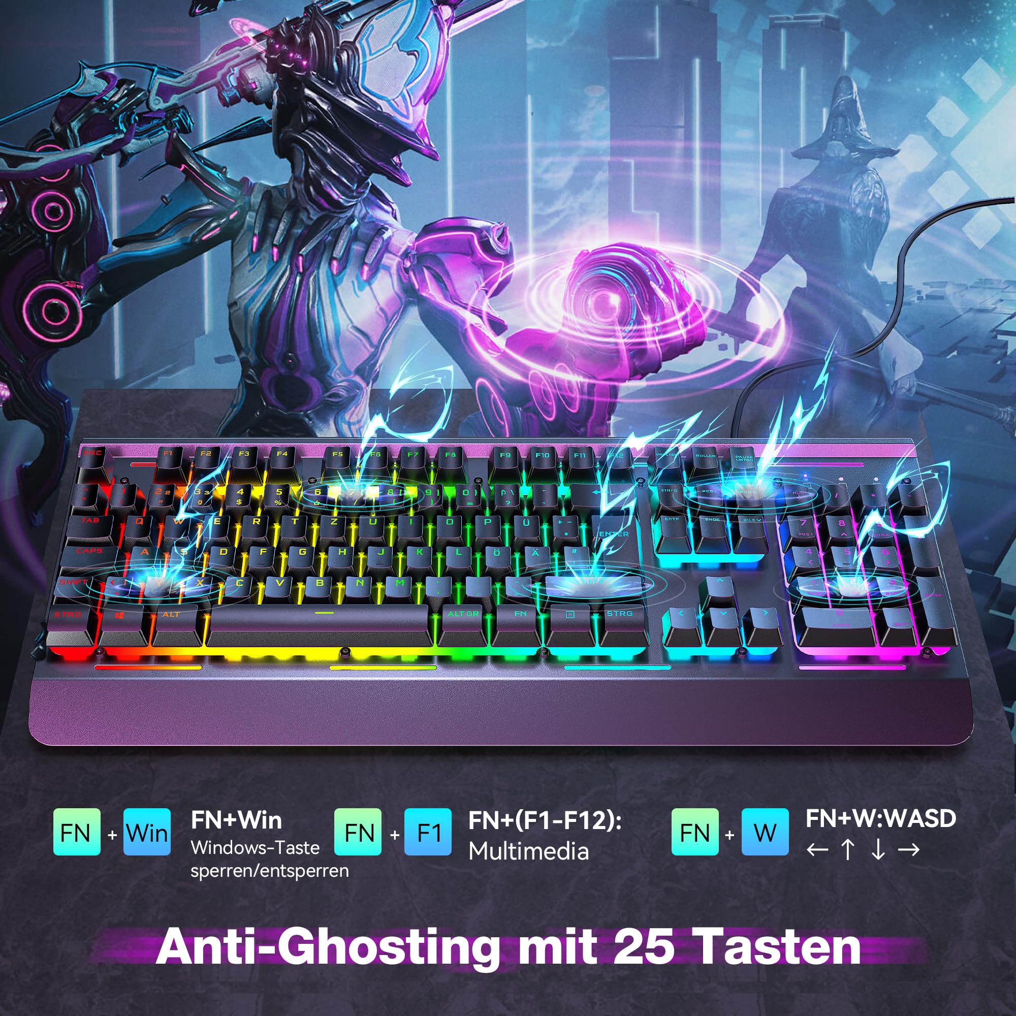 TECKNET Teclado RGB para videojuegos, teclado de membrana con 105 teclas, panel de metal, teclado con cable con reposamuñecas, iluminación RGB de 15 zonas, teclado de ordenador, 25 teclas