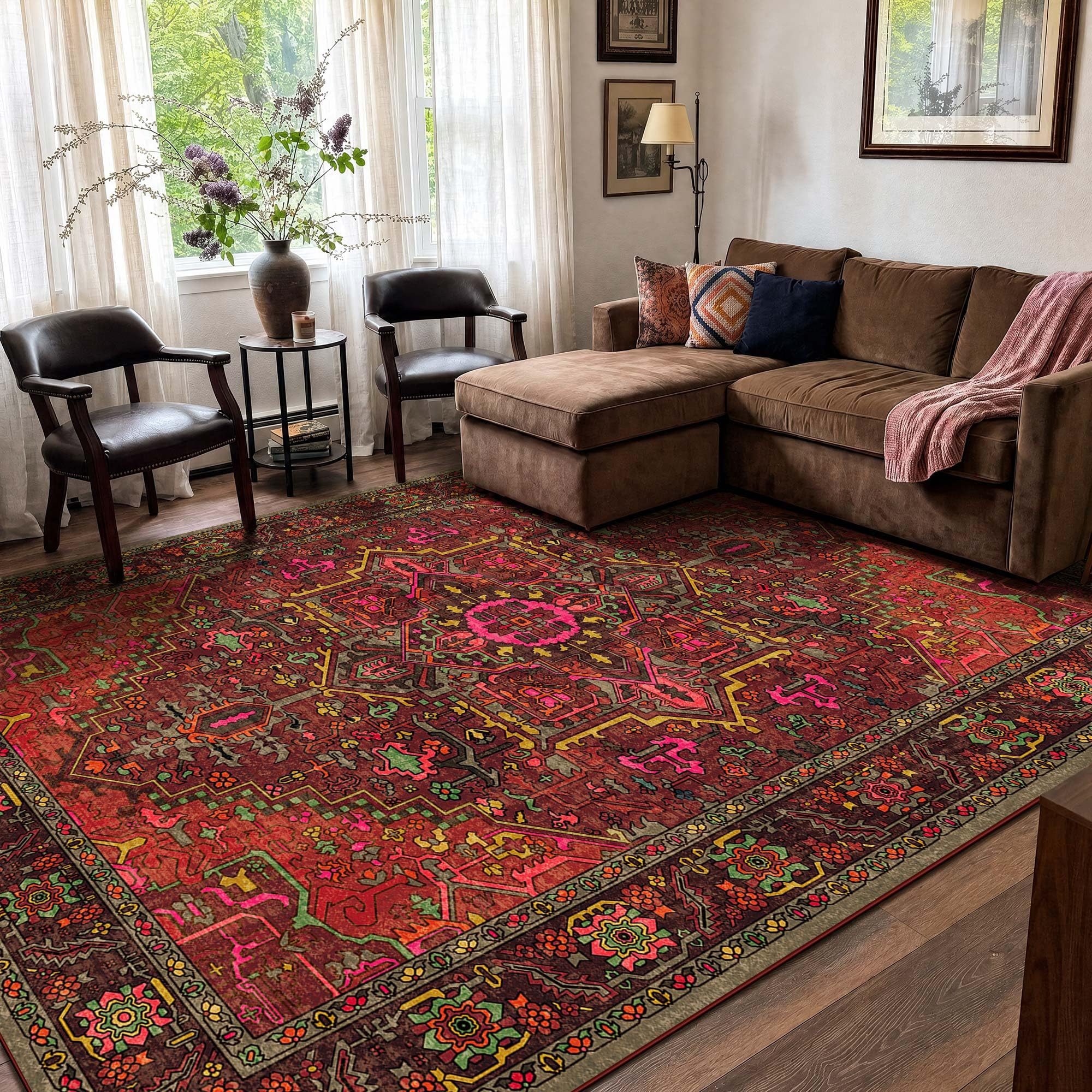 8x10 Maroon Brick and Hot Pink Vintage Boho Oriental Soft Washable Area Rug