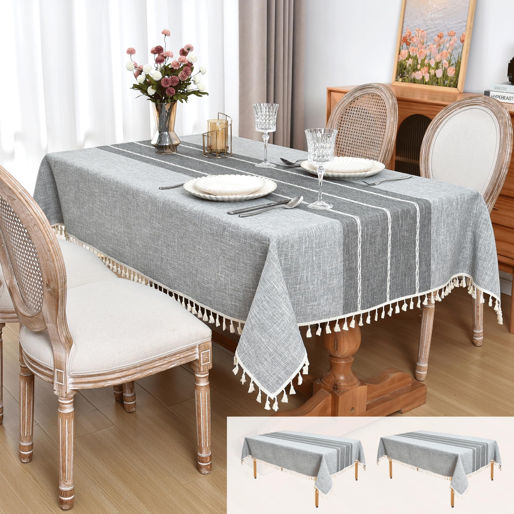 Photo 1 of 2 Pack Faux Linen Tablecloth 55x86 Inch-Farmhouse Boho Grey Decorative Fabric Table Cloth, Stain & Wrinkle Resistant Water Repellent Washable Heavy Weights Table Cover for Dining, Parties 55"x86" | 2 Pack Grey Line