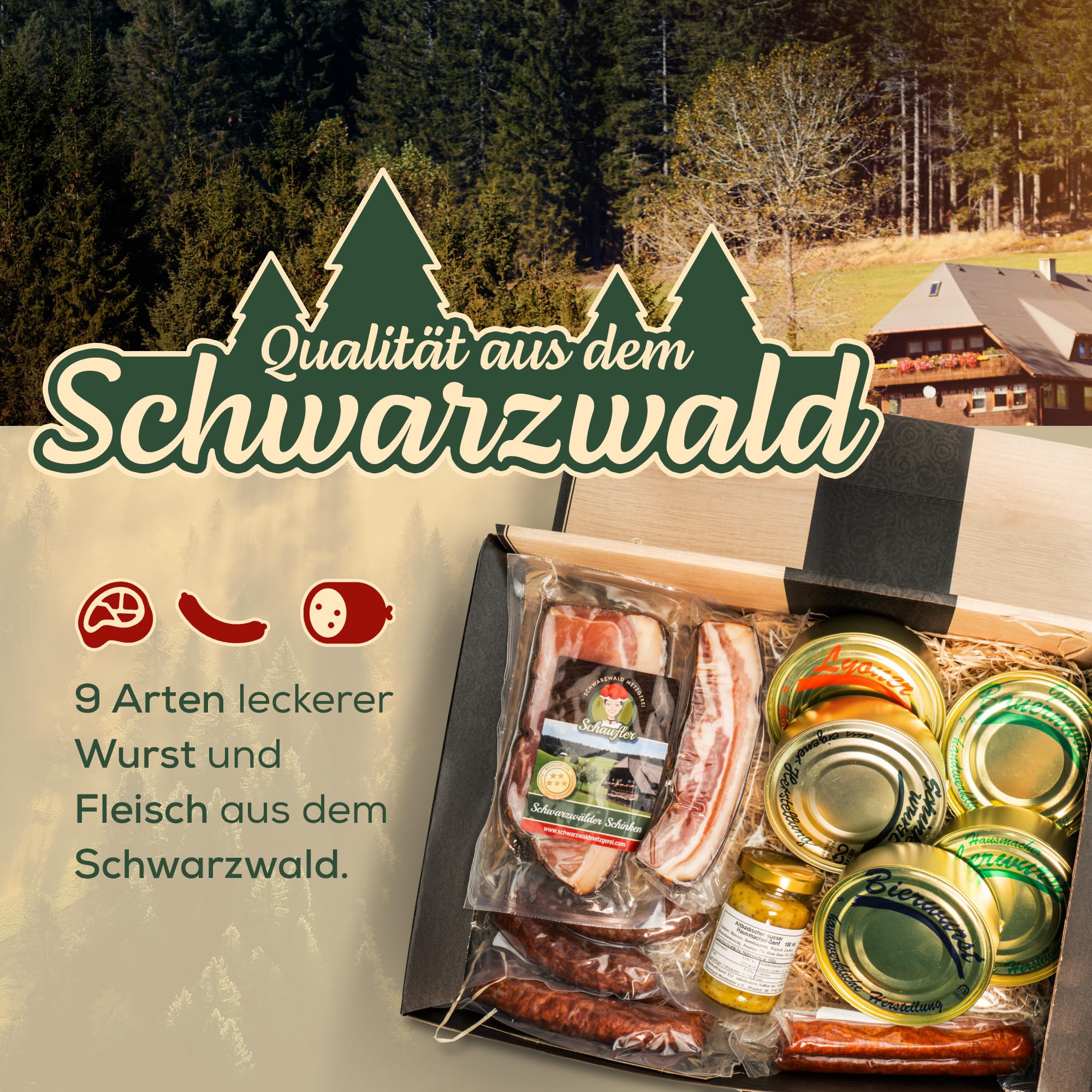 Schwarzwald Metzgerei Geschenkset Dosenwurst 10-teilig Wurstspezialitäten Altbadischer Senf Schinken Speck