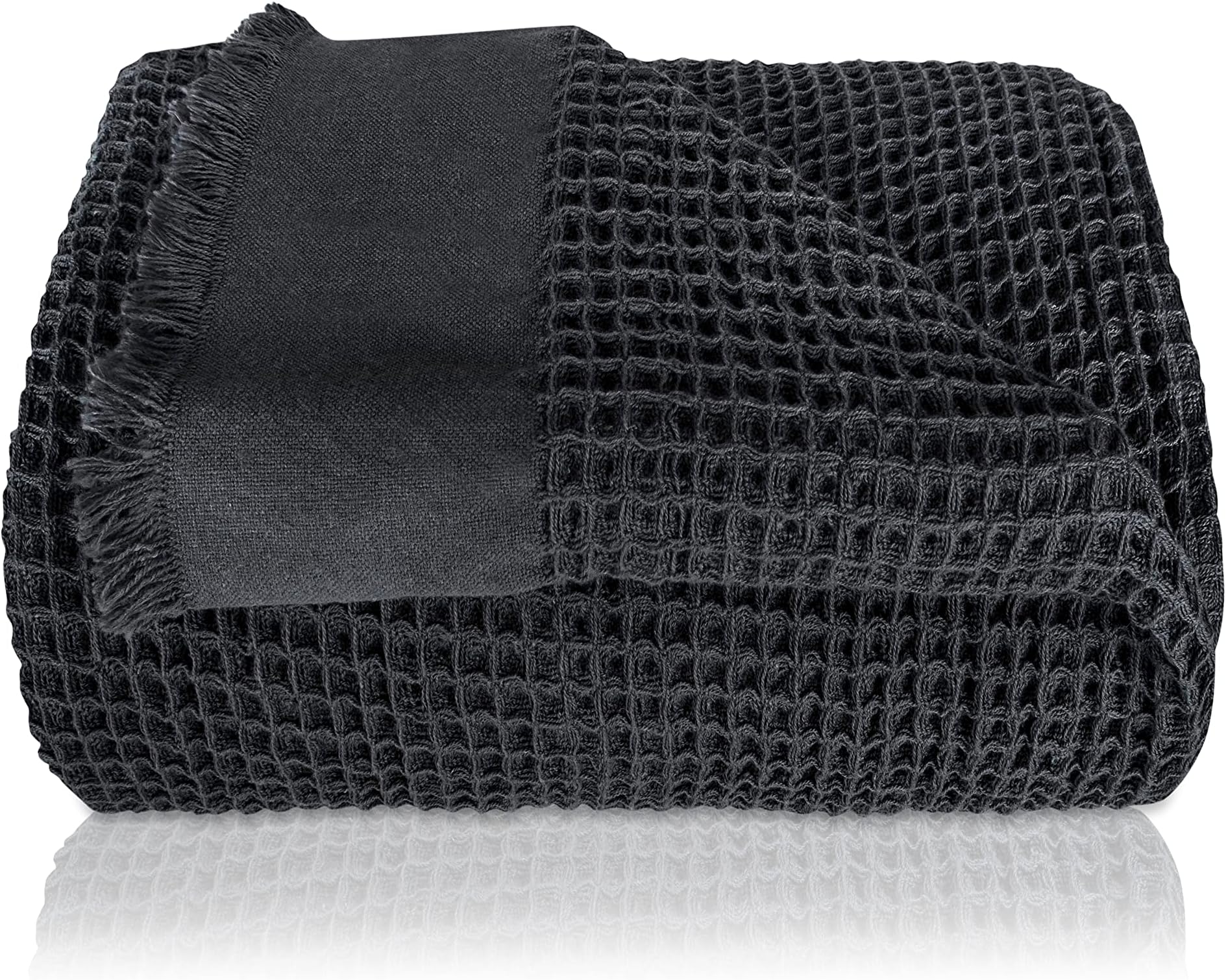 GräfenstaynPremium Bedspread with Fringes - 220 x 240 cm XXL - Warm Waffle Pique Blanket - 100% Cotton - Blanket, Cotton Blanket, Bedspread, Throw Blanket Sofa, Couch (Anthracite)