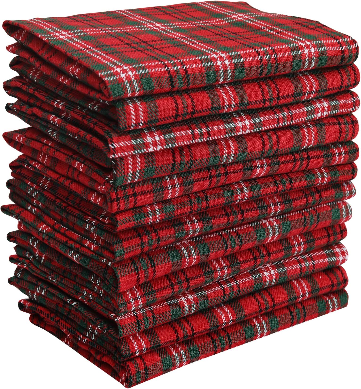 DG Collections Dinner Napkins, 100% Cotton Over Sized Kitchen Napkins, Set of 12 Pack (19 x 19 Inch) Red & Green Plaid for Christmas and Thanksgiving with Mitered Corner and Lint Free