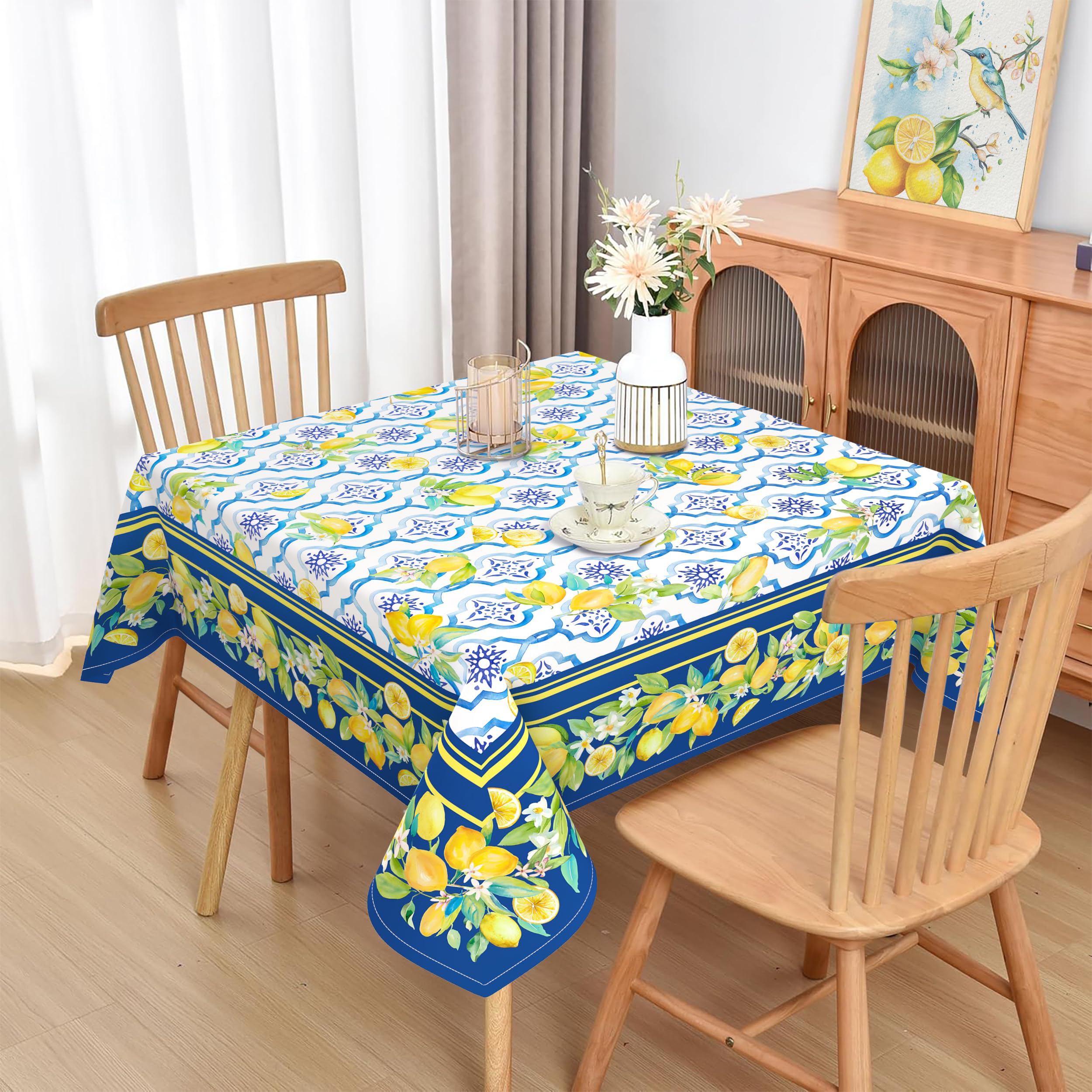 Kuyuayee Lemon Square Tablecloth 60x60 Inch Waterproof Washable Spring Summer Lemon Table Cloth Blue Seasonal Tablecloth for Party Picnic Dinner Home