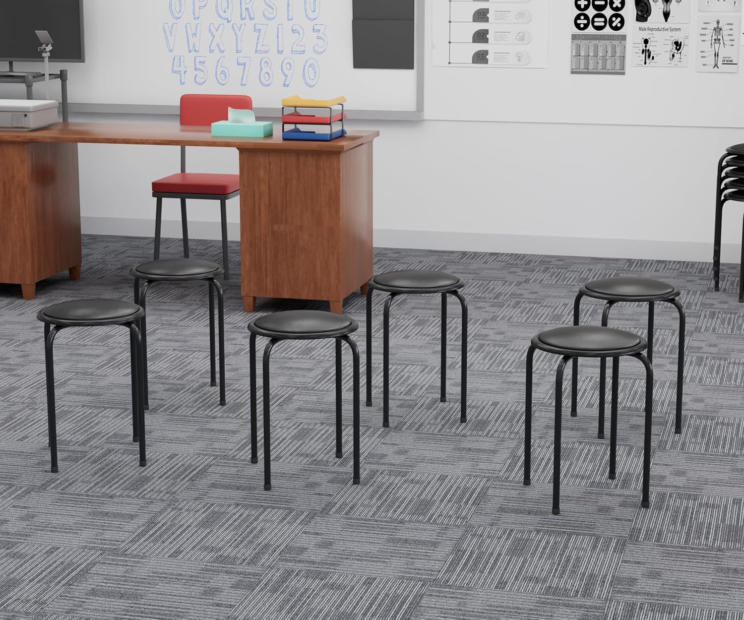 VECELO 6-Piece Stacking Stools, 17 Inch Standard Height, Padded Seat & Steel Legs, Portable Stackable Decoration Stools for School Classroom and Office Use, Black