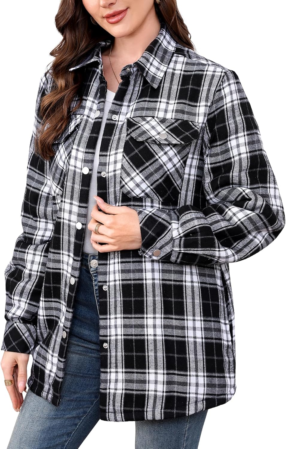 Women's Fleece Flannel Jacket Cotton Plaid Button Down Shirts Jacket Sherpa Lined Plaid Jackets for Women - Image 2