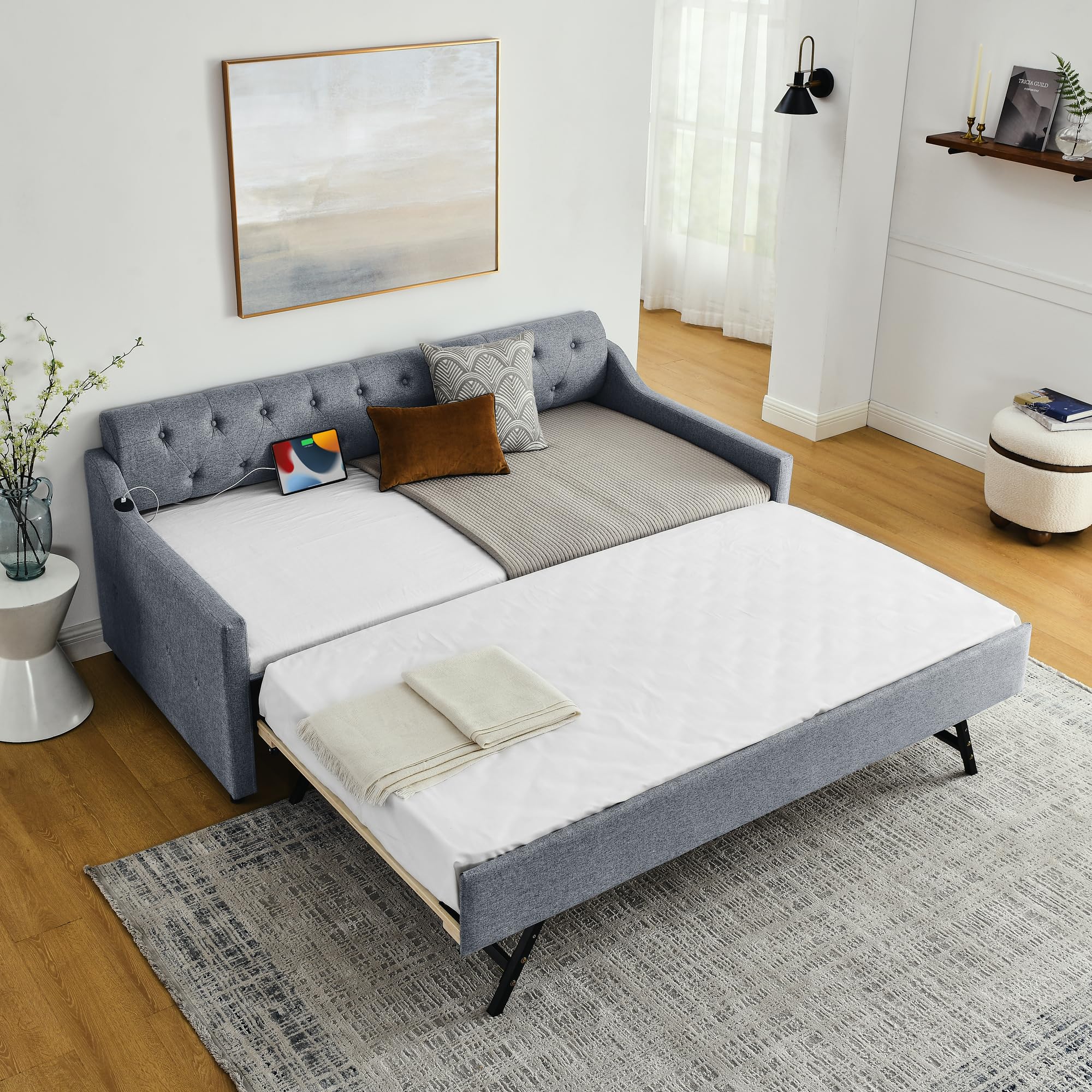 Rophefx Twin to King Size Day Bed, Twin Daybed with Pop Up Trundle & USB & Type C Port, Upholstered Sofa Bed Frame, No Box Spring Needed, with Button Tufting Linen Trim, Wood Slats, Linen, Grey