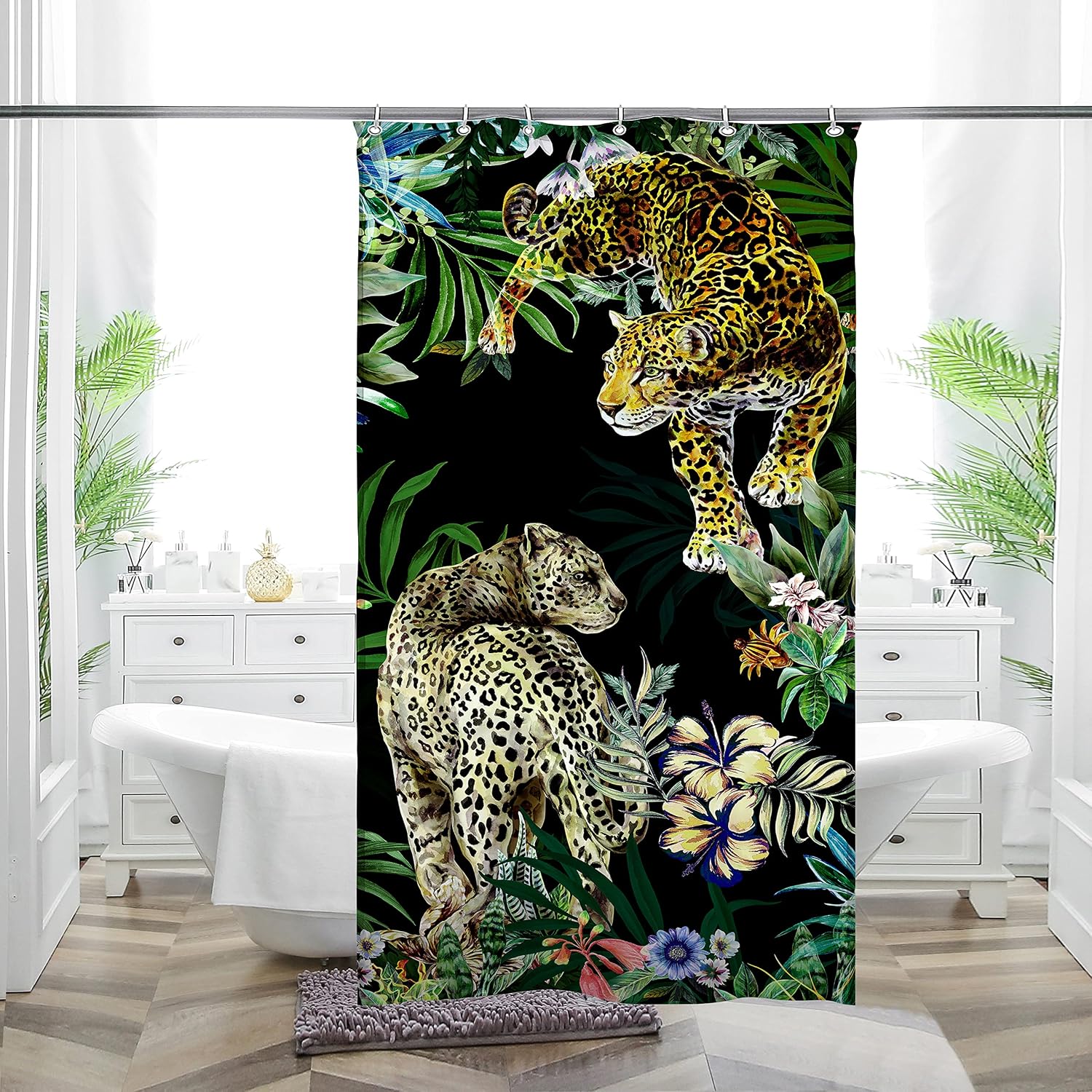 MACOFE Animal Print Leopard Shower Curtain Set,Hooks Included,Tropical Safari Black Fabric Bathroom Shower Curtain (72 x 36)