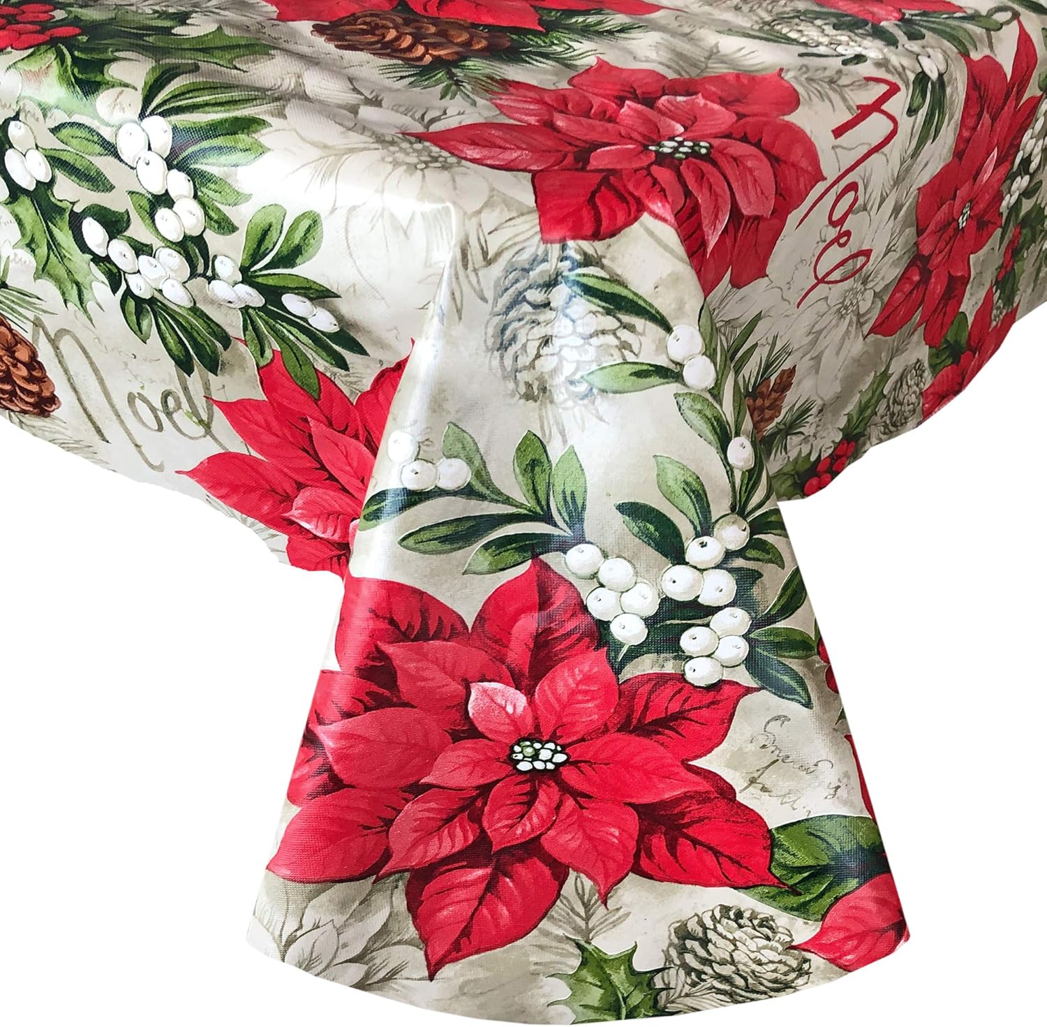 Bеѕt Cуbеr Mоndау 🔥 Newbridge Majestic Winter Poinsettia Festive Floral Christmas Print Vinyl Flannel Backed Tablecloth, Noel and Holly Berry Xmas Easy Care Wipe Clean Tablecloth, 60 Inch x 102 Inch Oblong/Rectangle