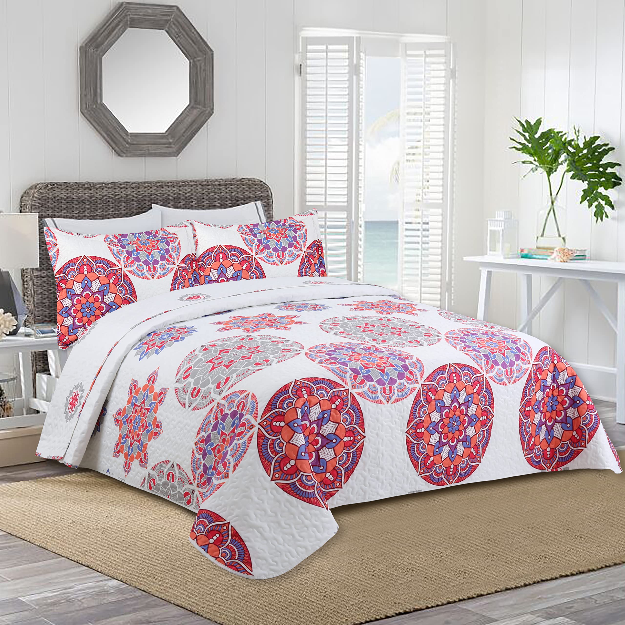 Colcha Boutí Cama 135 (235x270) Estampada - Colores Vivos para Primavera y Verano - Algodón y Poliéster - Cubrecama con Acolchado Ligero 200 gr/m2 - Incluye 2 Fundas de Almohada (50x70) (Breda)