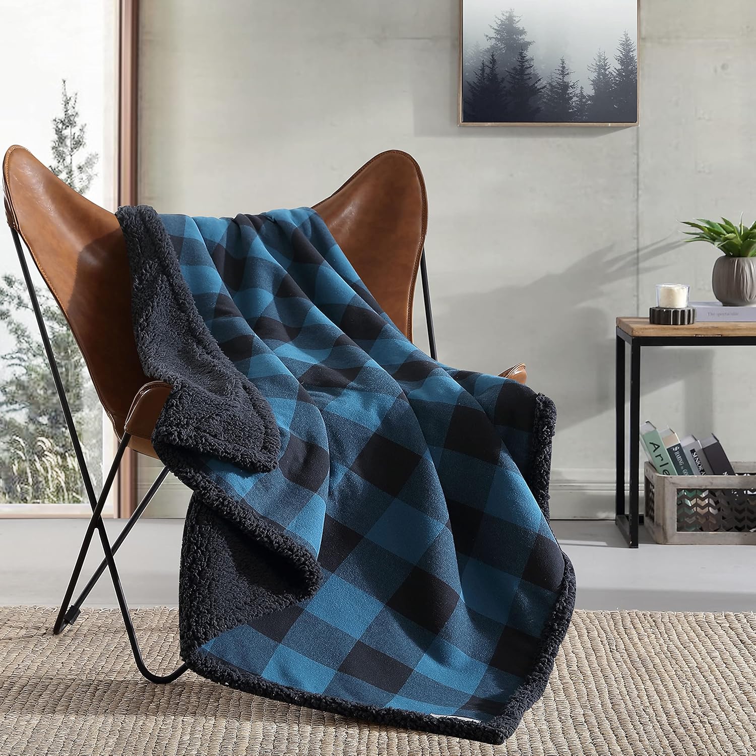 Blue and Black Plaid Reversible Fleece Pillow and Throw Set