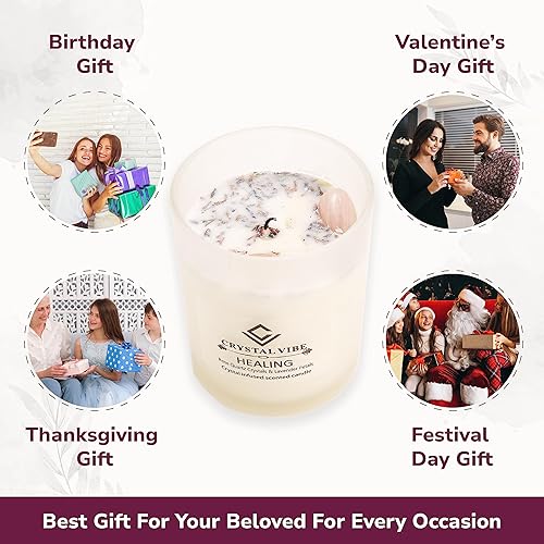 Miniatura 7 de Crystal Vibe Vela de cristal curativo con cristales de cuarzo rosa y pétalos de lavanda, vela perfumada de cera de soja natural para meditación de