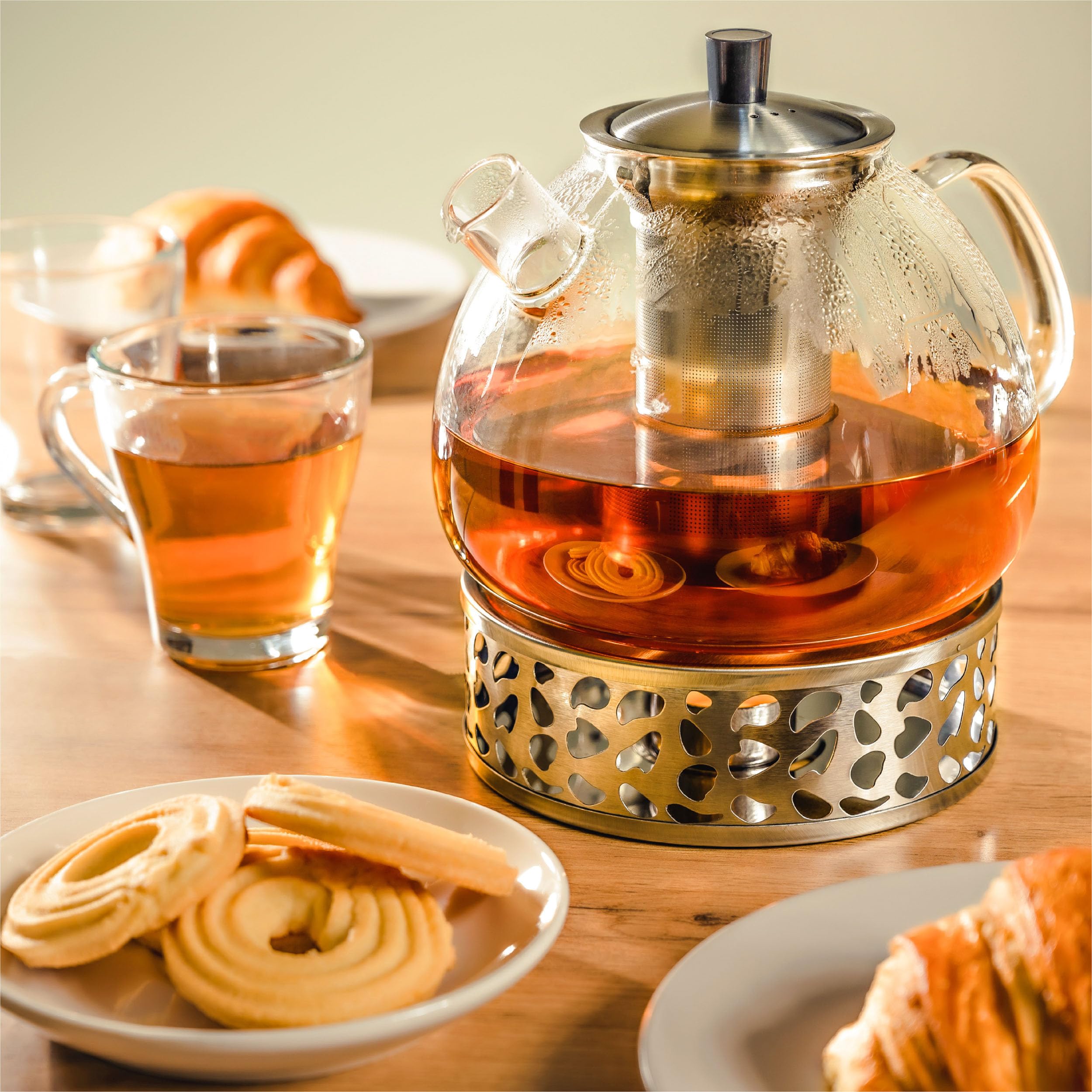 Cosumy Theiere Verre Avec Filtre - Grande 1,5l - Avec Rechaud et Bougie - Lavable au Lave-vaisselle - Résistant à la Chaleur