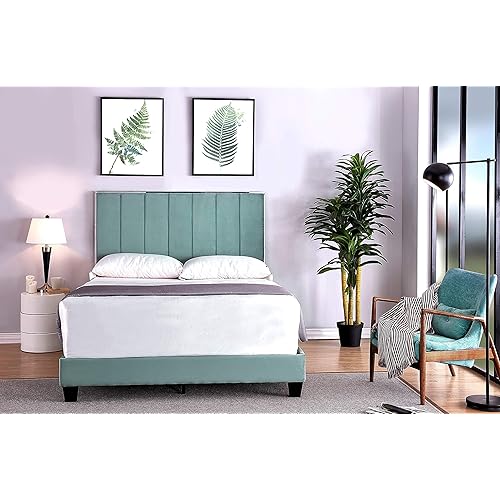 Ronona Mid Century Modern Upholstered Platform Bed, Full Size, 78.25", Moderate Cyan