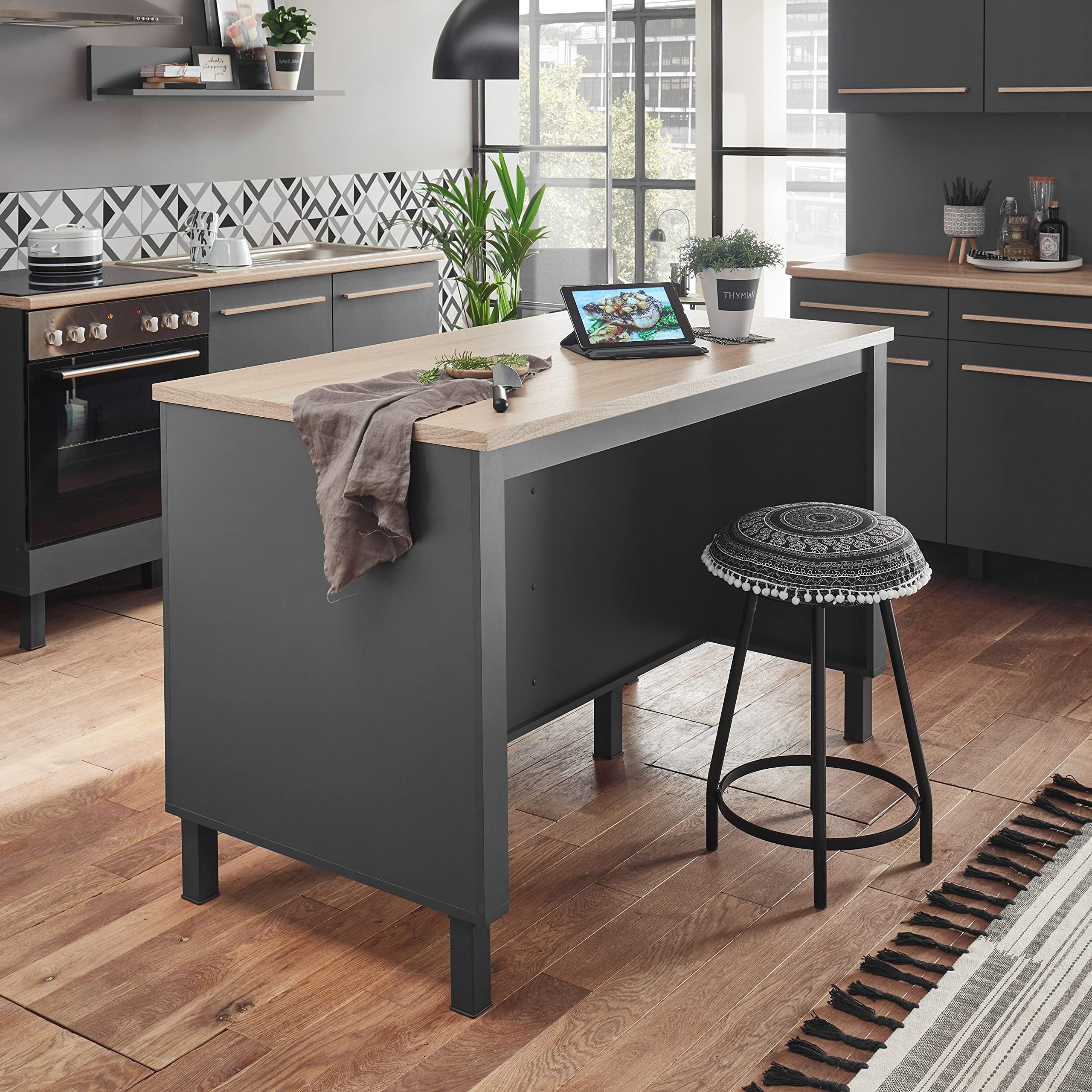 BILBERRY Moderne Kücheninsel mit Arbeitsplatte freistehend in Eiche Sonoma Optik, Anthrazit - Geräumiger Küchenschrank - 140 x 90 x 75 cm (B/H/T)