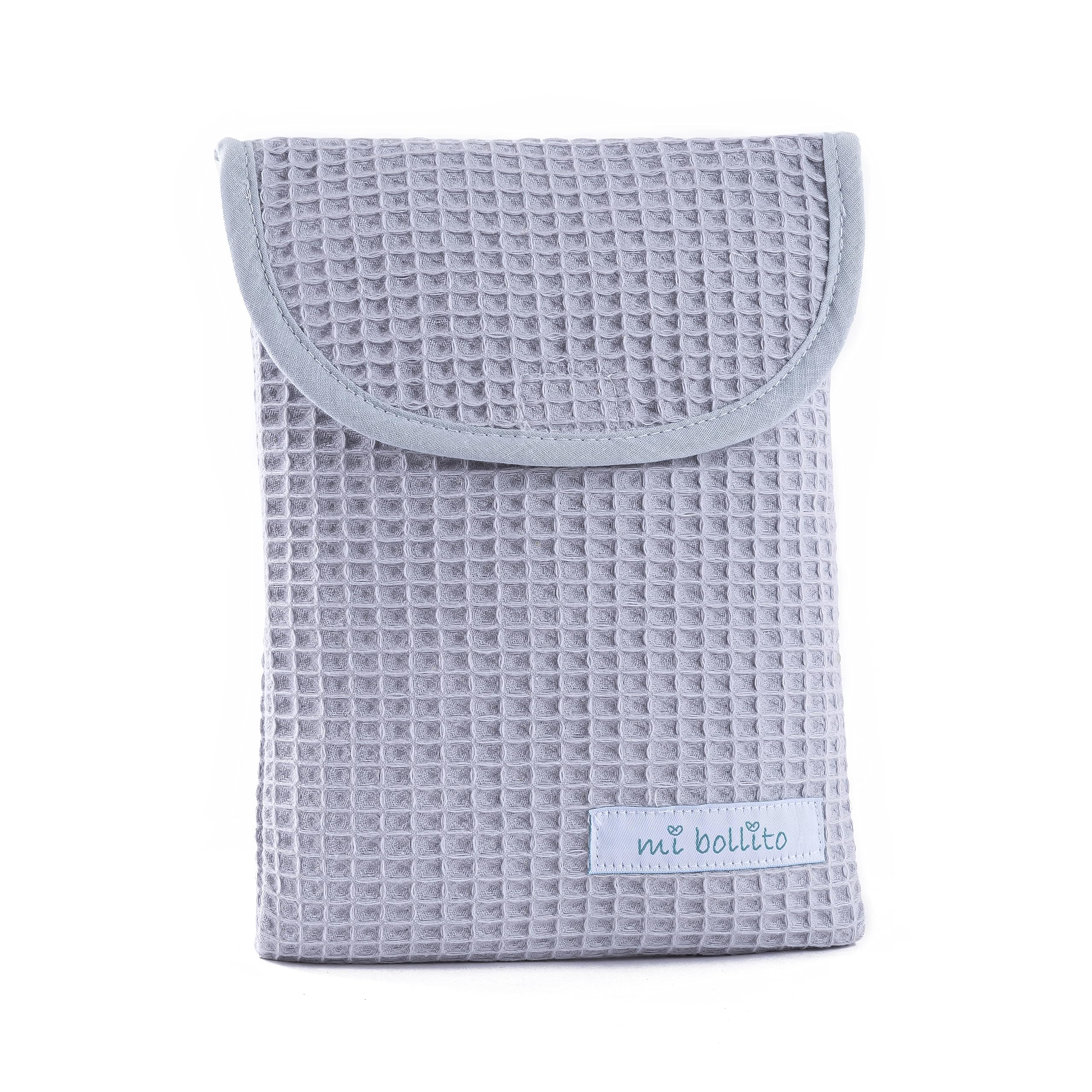 mi bollito Organiser bag for diapers and baby wipes 100% cotton waffle fabric, quick Velcro closure, practical and stylish., light grey