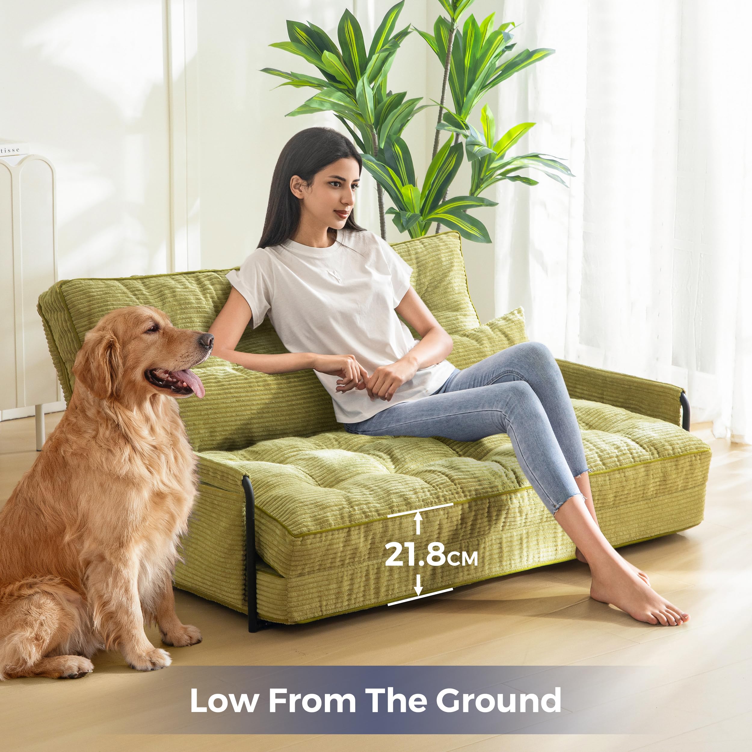 MAXYOYO Regulowana sofa rozkładana z 2 poduszkami, wielofunkcyjna sofa do spania, 5-pozycyjna rozkładana sofa z podłokietnikami, uniwersalne siedzisko do czytania