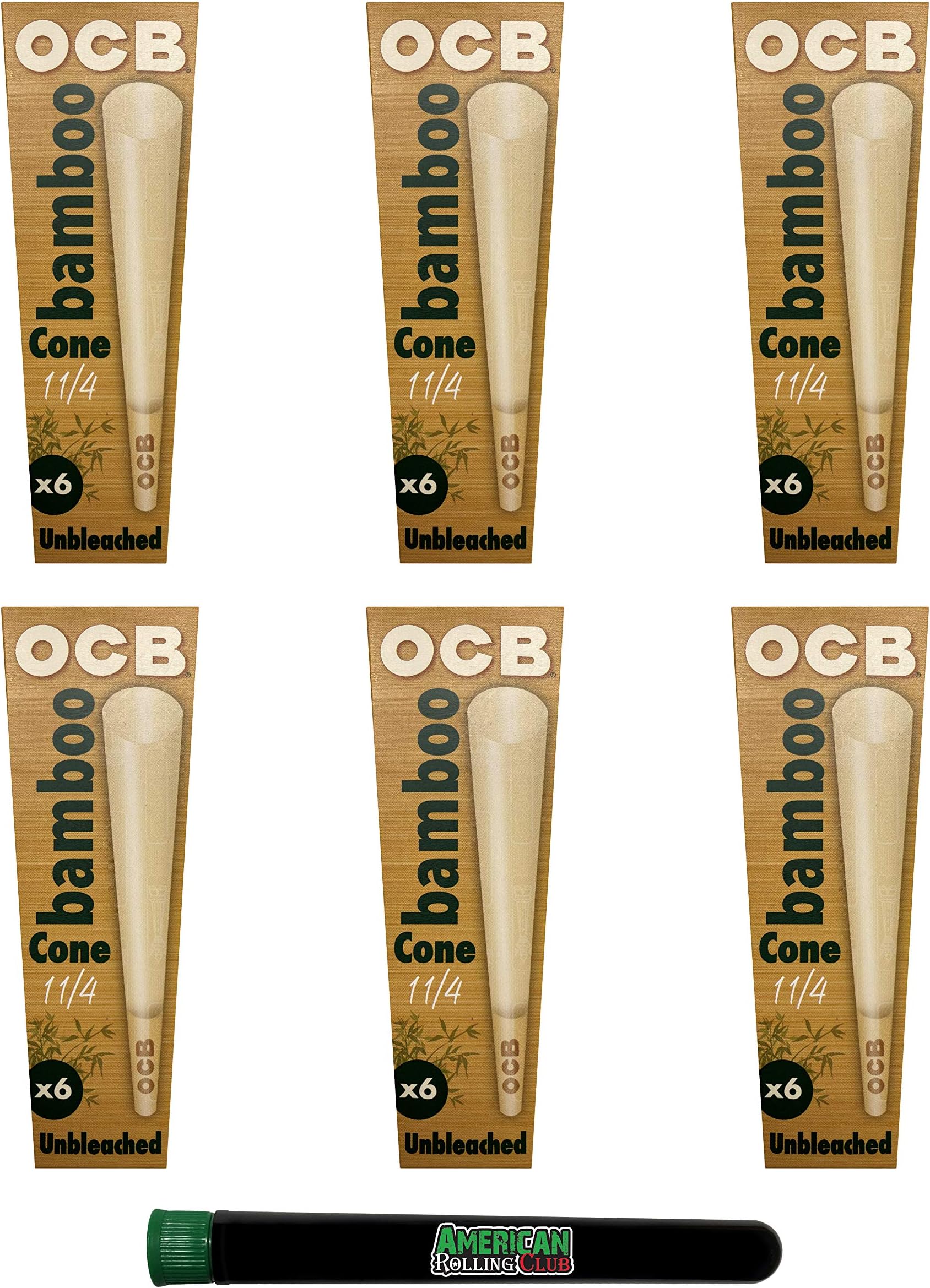 OCB Bamboo 1 1/4 Size Cones ~ 6 Packs of 6 ~ (36 Cones Total) Unbleached Pre Rolled Rolling Paper with Tips, Includes ARC Saver Tube