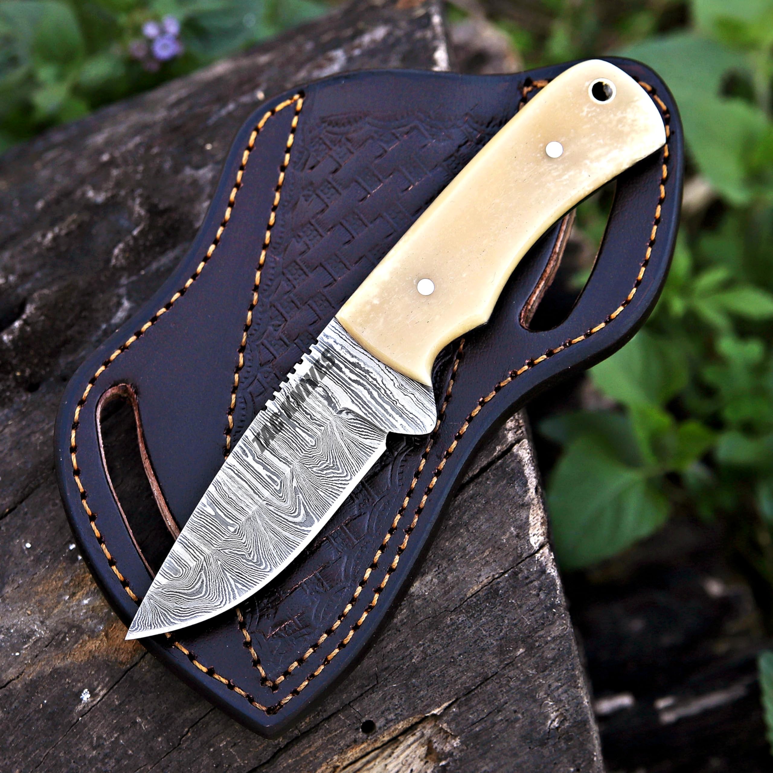 TAC KNIVES 7'' Full Tang Fixed Blade Outdoor Camping Hunting Knife In Sheath Gift For Him Damascus Steel SKINNER Knife Gift Cowboy knives Pancake leather sheath (BONE 10)