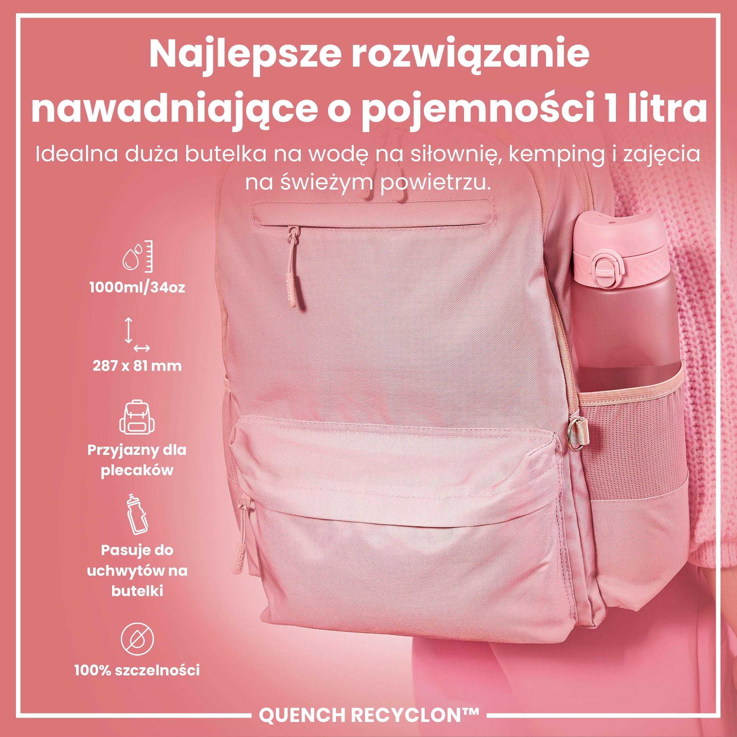 ION8 Butelka na Wodę 1 Litra, Szczelna, Łatwe Otwieranie, Uchwyt do Przenoszenia, Szybki Przepływ Płynu, Można Myć w Zmywarce, Bezpłatna BPA, Odpowiednia do Sportu i Siłowni, 1000 ml/32 oz, Jasny Róż