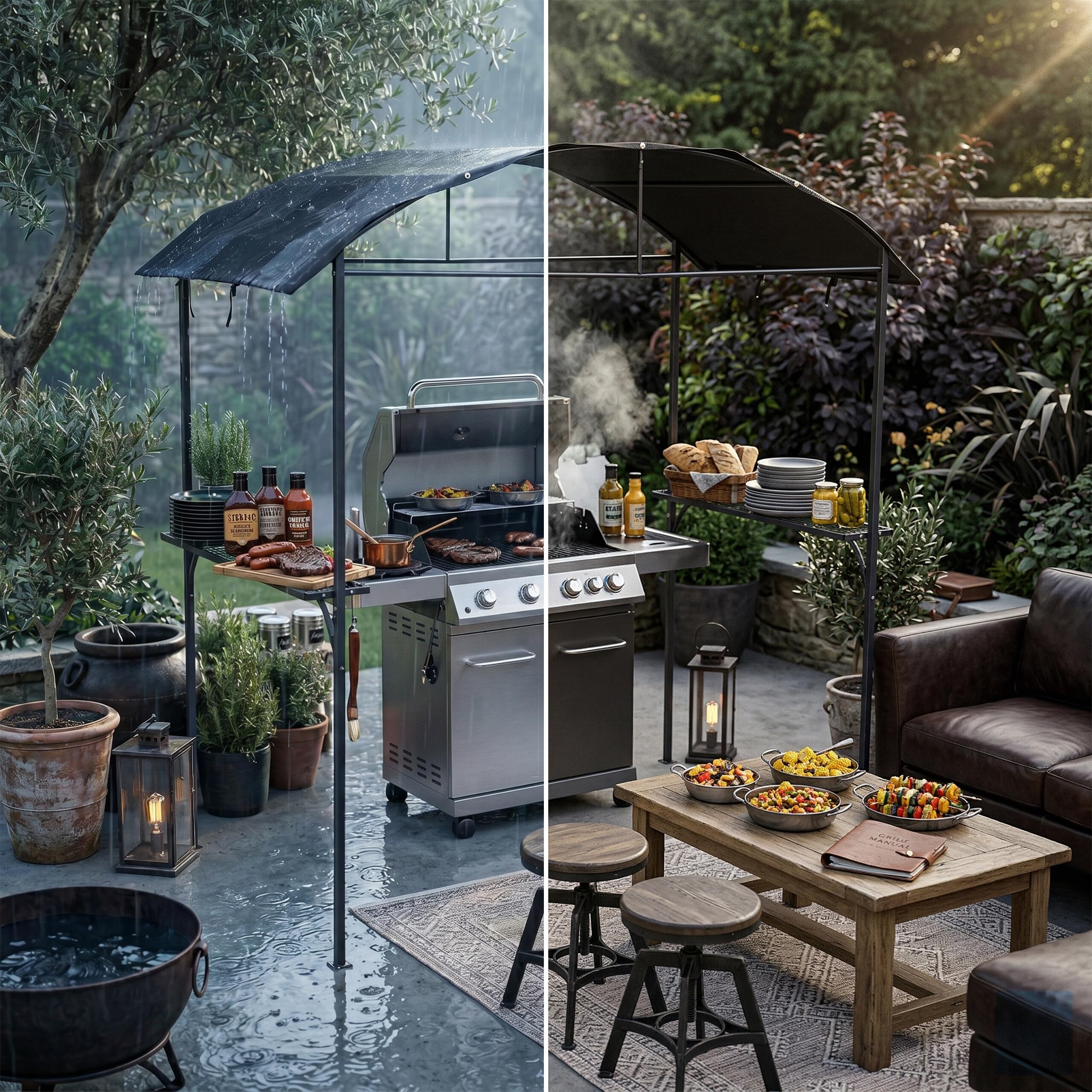 Pavillon Barbecue Relaxdays - HxLxP 230×210×116 cm, étagères latérales, Acier/Polyester, Jardin, Anthracite