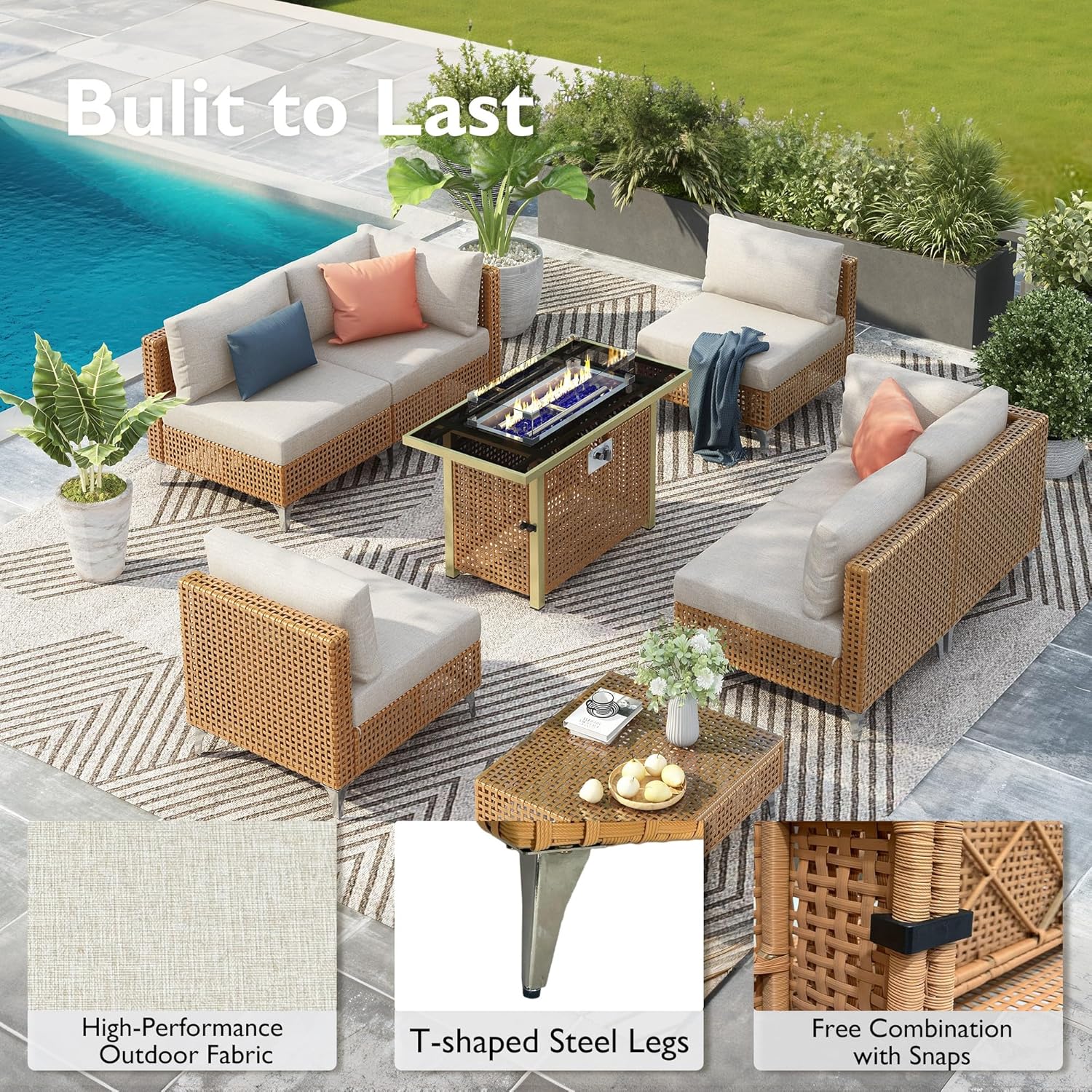 YOPTO 7-Piece Outdoor Conversation Sectional Sofa Set with Water Resistant Thick Cushions & Coffee Table,Wicker Patio Furniture Set W/Removable Cushions Cover,DIY Combination,for Porch,Backyard,Beige