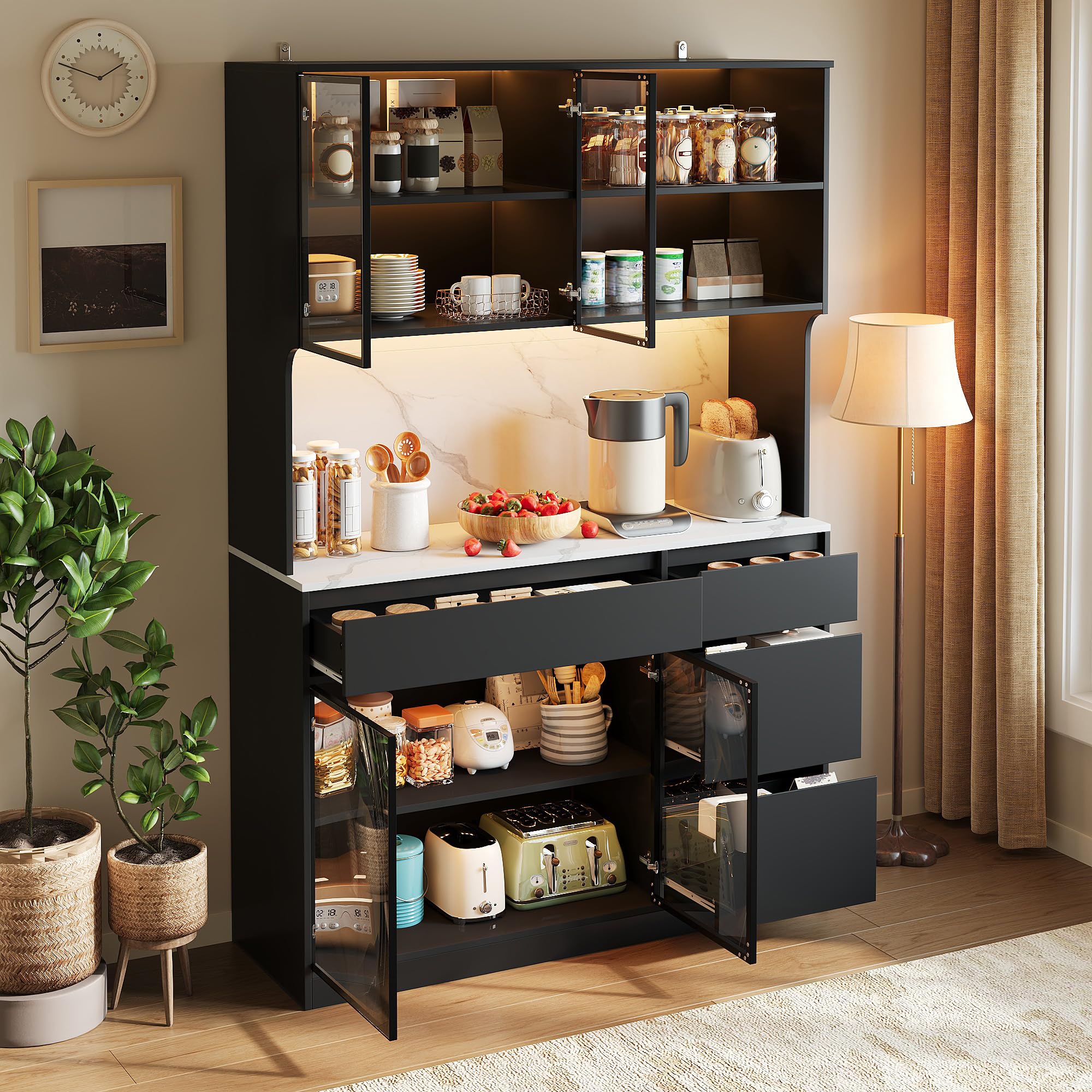 VILUXE Küchenschrank, Hochschrank Küchenbuffet Vitrinenschrank, Buffetschrank Mit LED Und Marmoroptik, Esszimmerschrank Mit Schubladen, Für Wohnzimmer Küche, 120 X 40 X 180 cm, Weiß Schwarz Küche, Haushalt & Wohnen