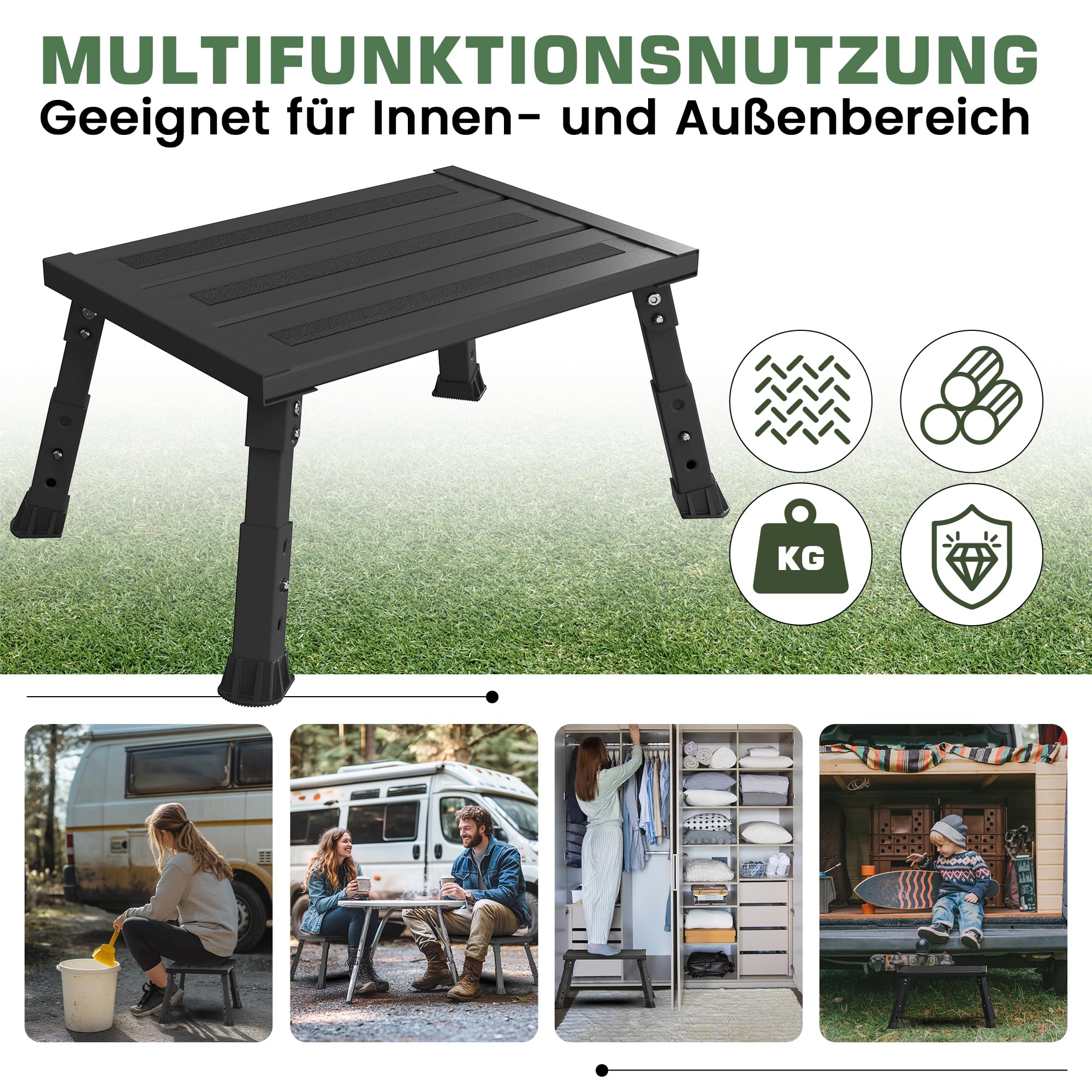 Escalón plegable de aluminio, soporta 300 kg, taburete de altura ajustable en 3 niveles, amplia superficie antideslizante, para caravanas, jardín y escaleras de perros, ligero y plegable (negro