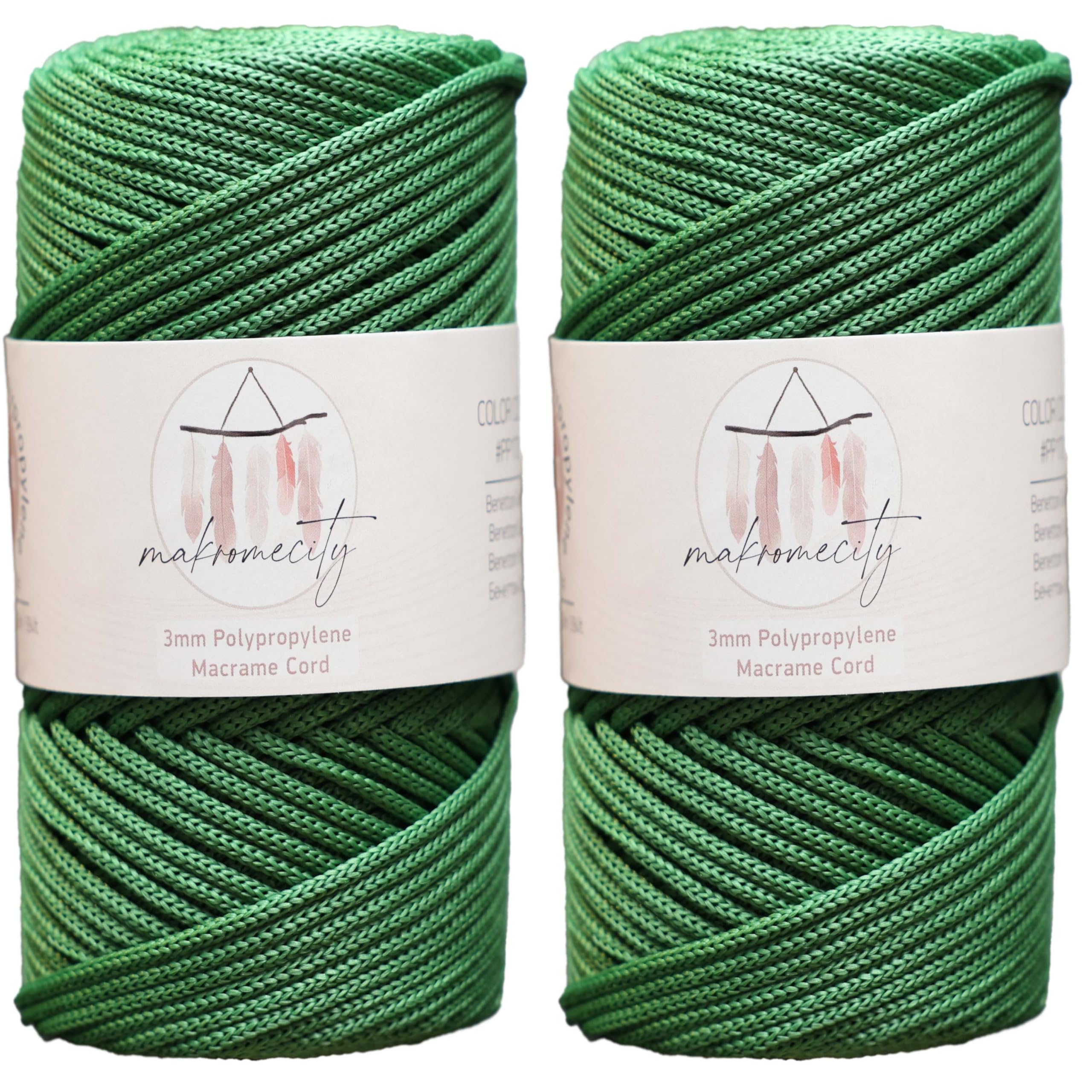Makromecity, 2 Skeins of Polyester Macrame Cord 3mm x 131 Yards (394 feet) 3mm Polypropylene Benetton Green Macrame Cord Crochet Macrame Bag Cord Crafts for Wall Hangings, Bags, Underplate