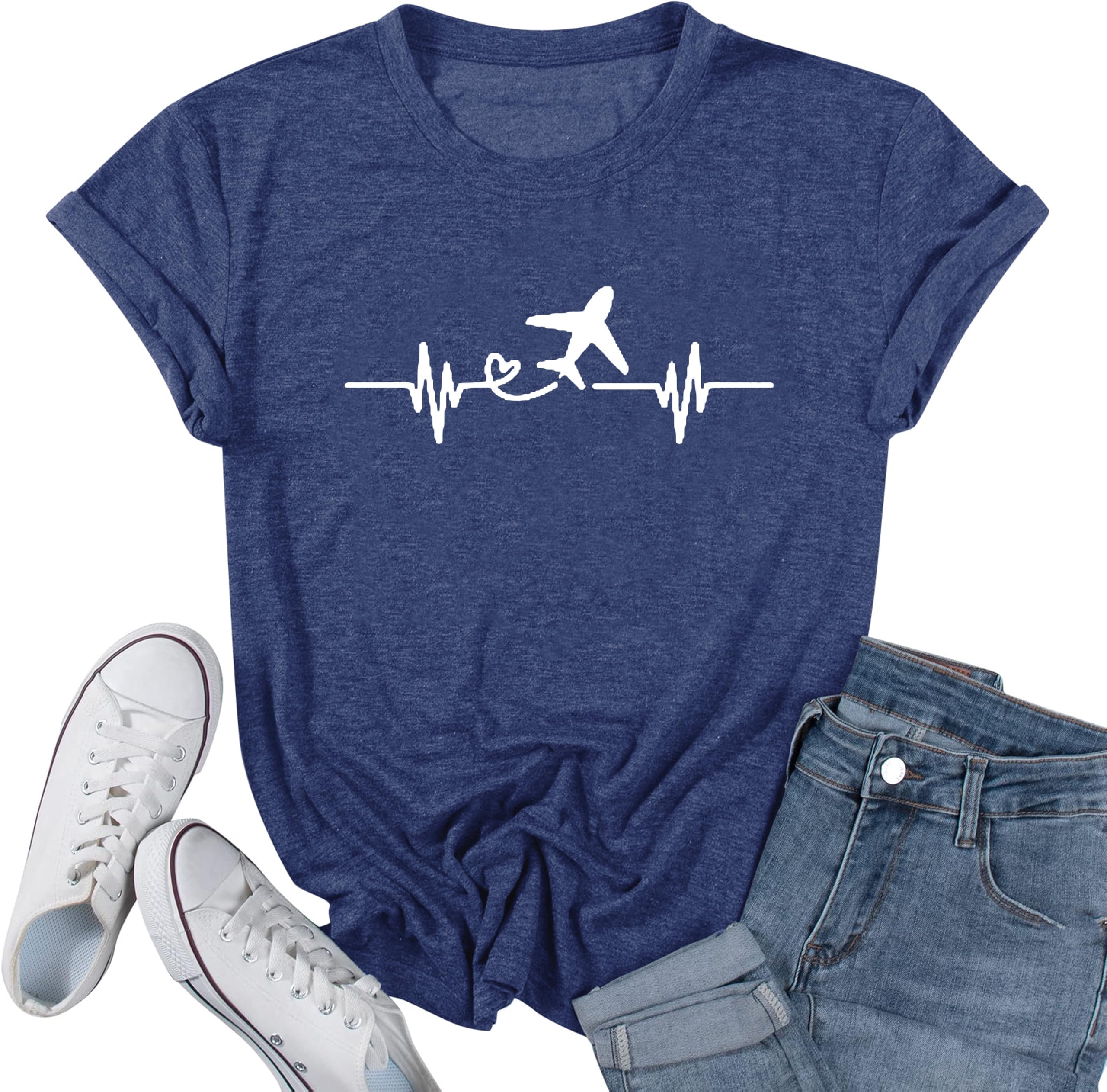 Airplane Mode Shirt Women Love Heart Graphic Tees Adventure Letter Print Short Sleeve Travel Shirts Casual Outdoor Tops