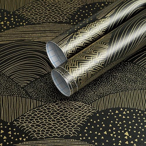 CiCiwind Papel tapiz dorado de 393.7 x 17 pulgadas, papel de contacto negro, extraíble, autoadhesivo, para dormitorio, baño, paredes, cubrir papel