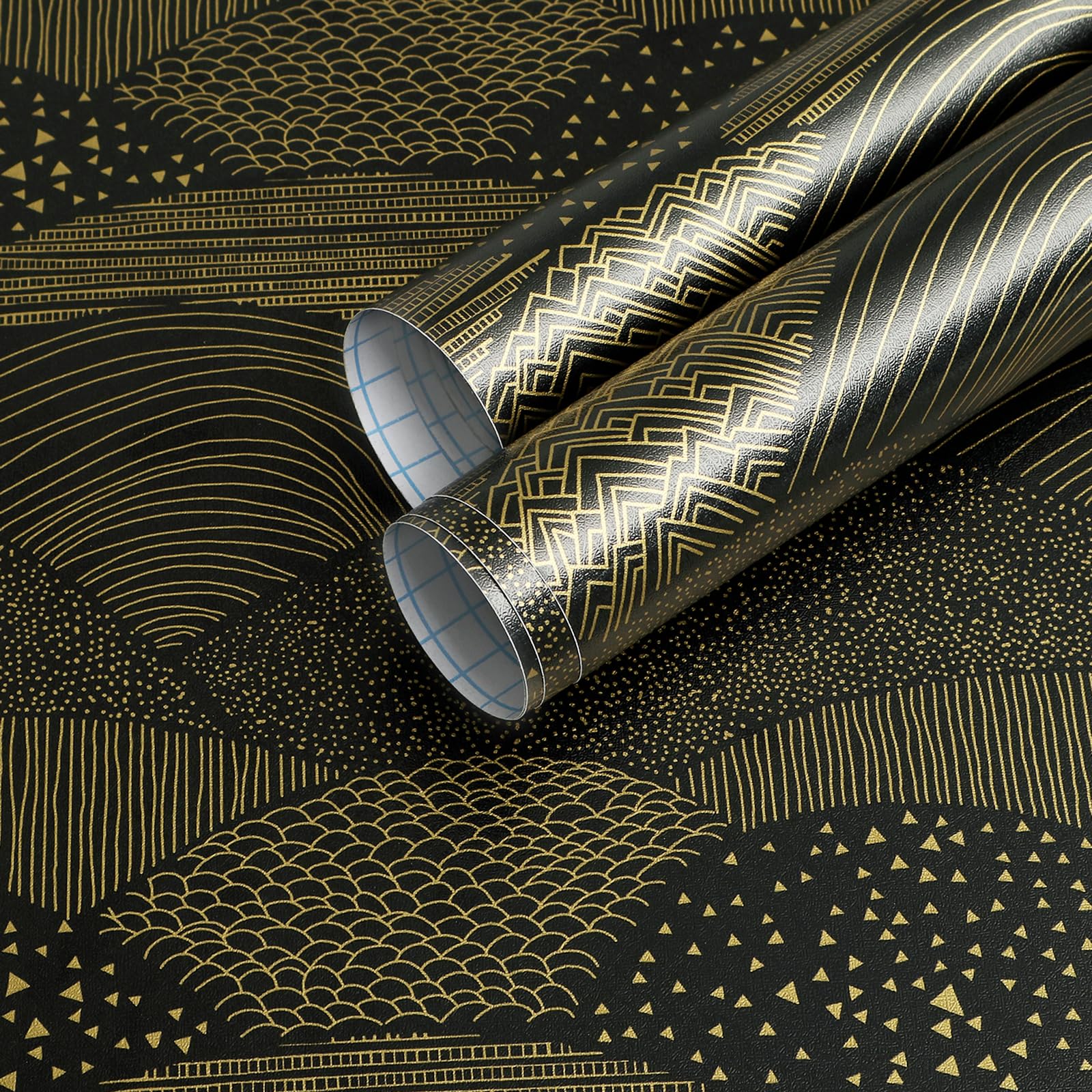 CiCiwind Peel and Stick Wallpaper Black and Gold Contact Paper 78.7"×17" Geometric Removable Self-Adhesive Wallpaper for Bedroom Cabinets Drawer Walls Covering Vinyl Film