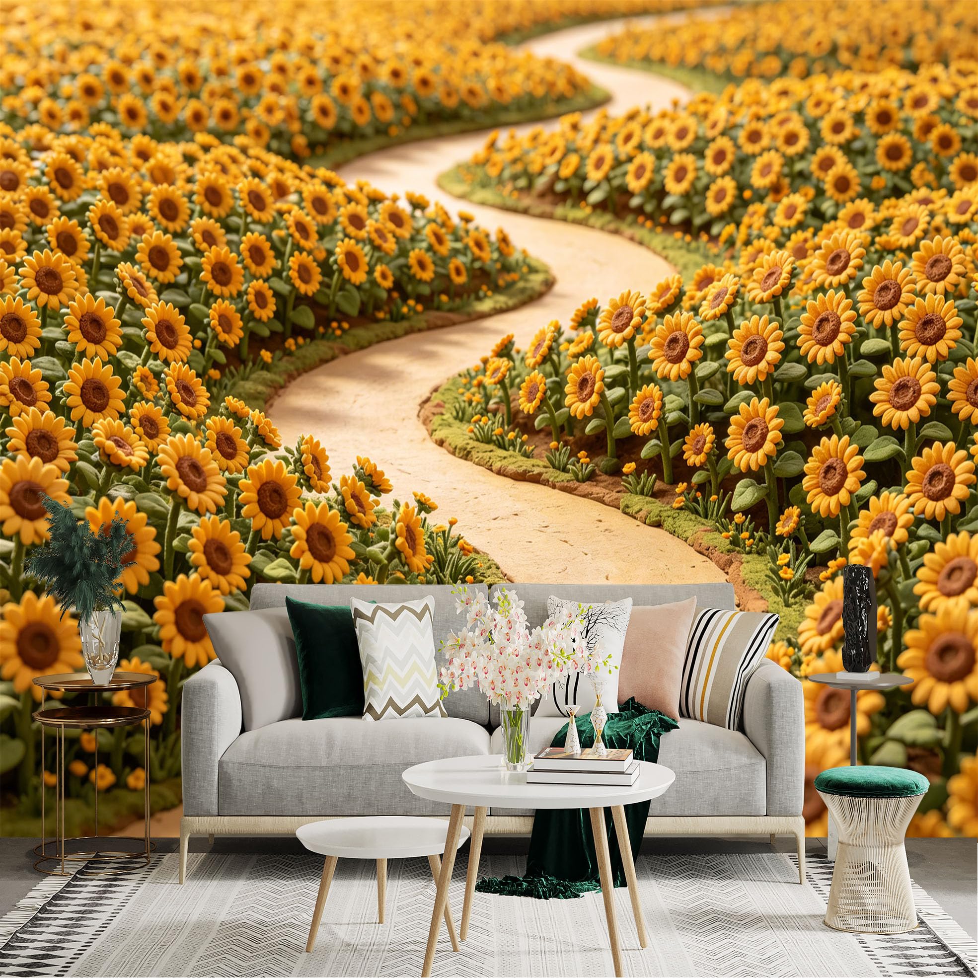 Lnzczhyre Dbh260521576 Custom Size Wall Sticker Mural， Winding Path Through Blooming Sunflowers， Vibrant Floral Field Landscape， For Wall Decoration， Peelandstick Wall Decals.