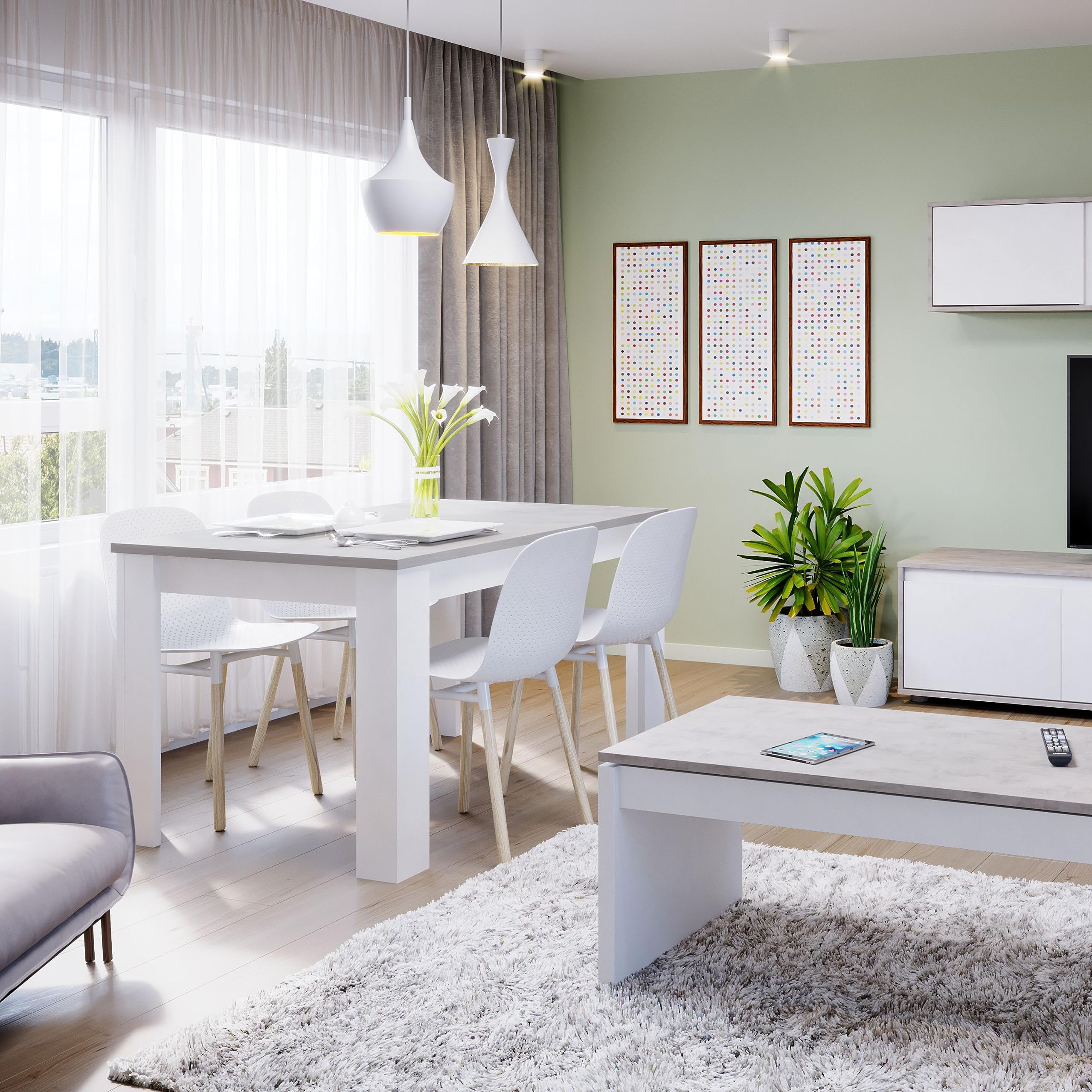 Habitdesign Mesa de Comedor Extensible, Mesa salón o Cocina, Acabado en Color Blanco Artik y Gris Cemento, Modelo Kendra, Medidas: 140-190 cm (Largo) x 90 cm (Ancho) x 78 cm (Alto)