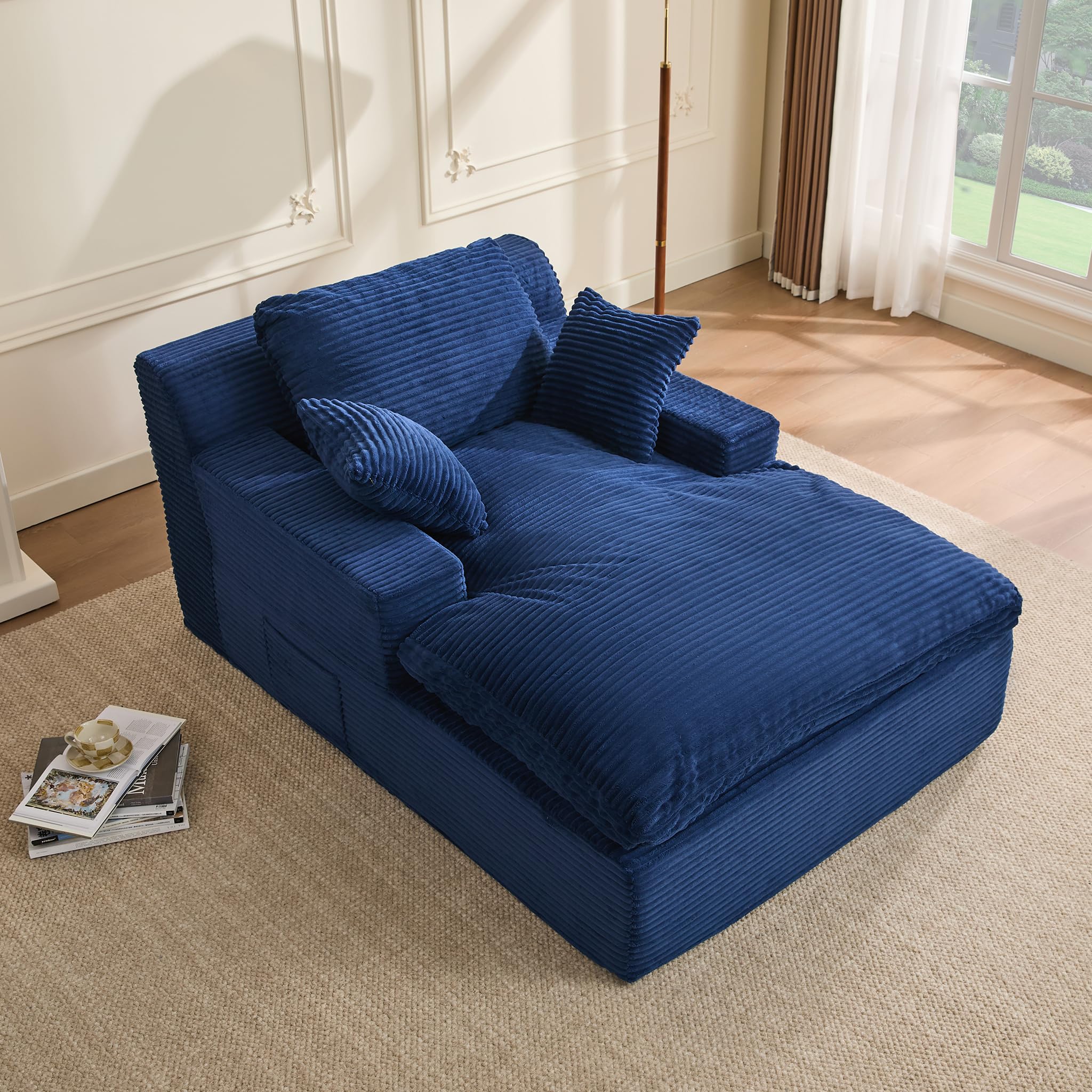 Divano Lounge 160 cm con Braccioli, Velluto a Coste (Blu navy)