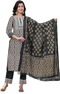 MIRCHI FASHION Women's Designer Straight Fit Cotton Printed and Embellished Kurta Set with Trouser Pant and Dupatta