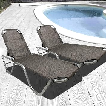 EasyGo Patio Chaise Lounger Aluminum Patio Sun Lounge Chair Adjustable Reclining Outdoor Patio Beach Porch Swing Pool - Five-Position Recliner - Lightweight All Weather Brown 2 Pack