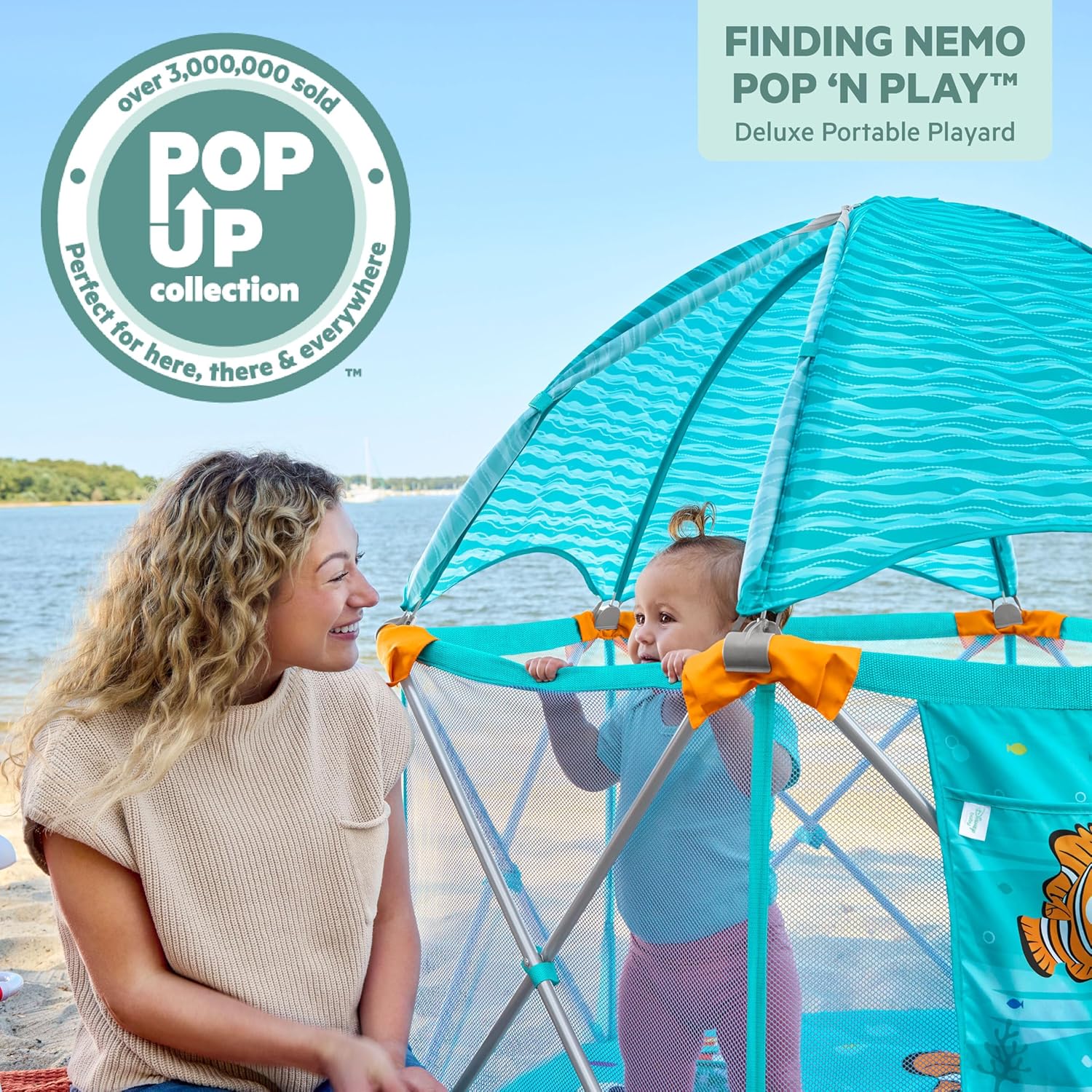 Bright Starts Disney Baby Finding Nemo Pop 'N Play Deluxe Portable Playard, Pop-and-Fold, Baby Beach Tent, UVA/UVB Protection, Indoor/Outdoor, 6 Months+
