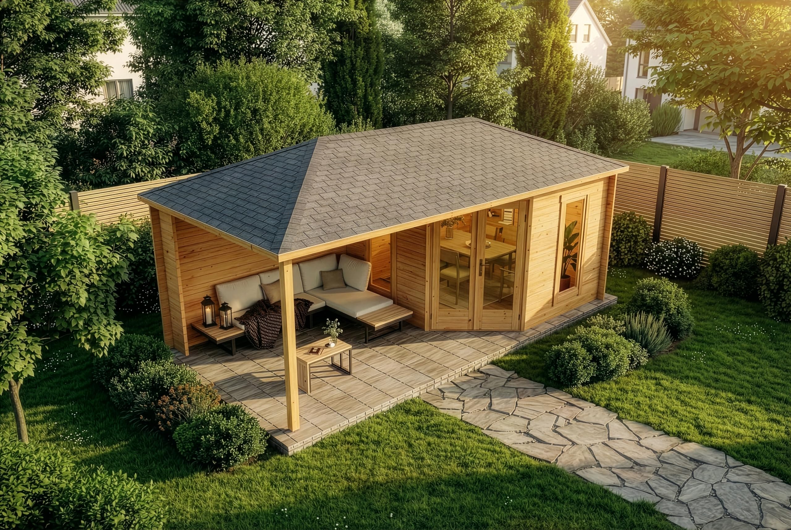 Alpholz 5-Eck Gartenhaus Liwa aus Holz in imprägniert Pinie mit 40mm Wandstärke und Walmdach, Größe: 595 x 300 cm